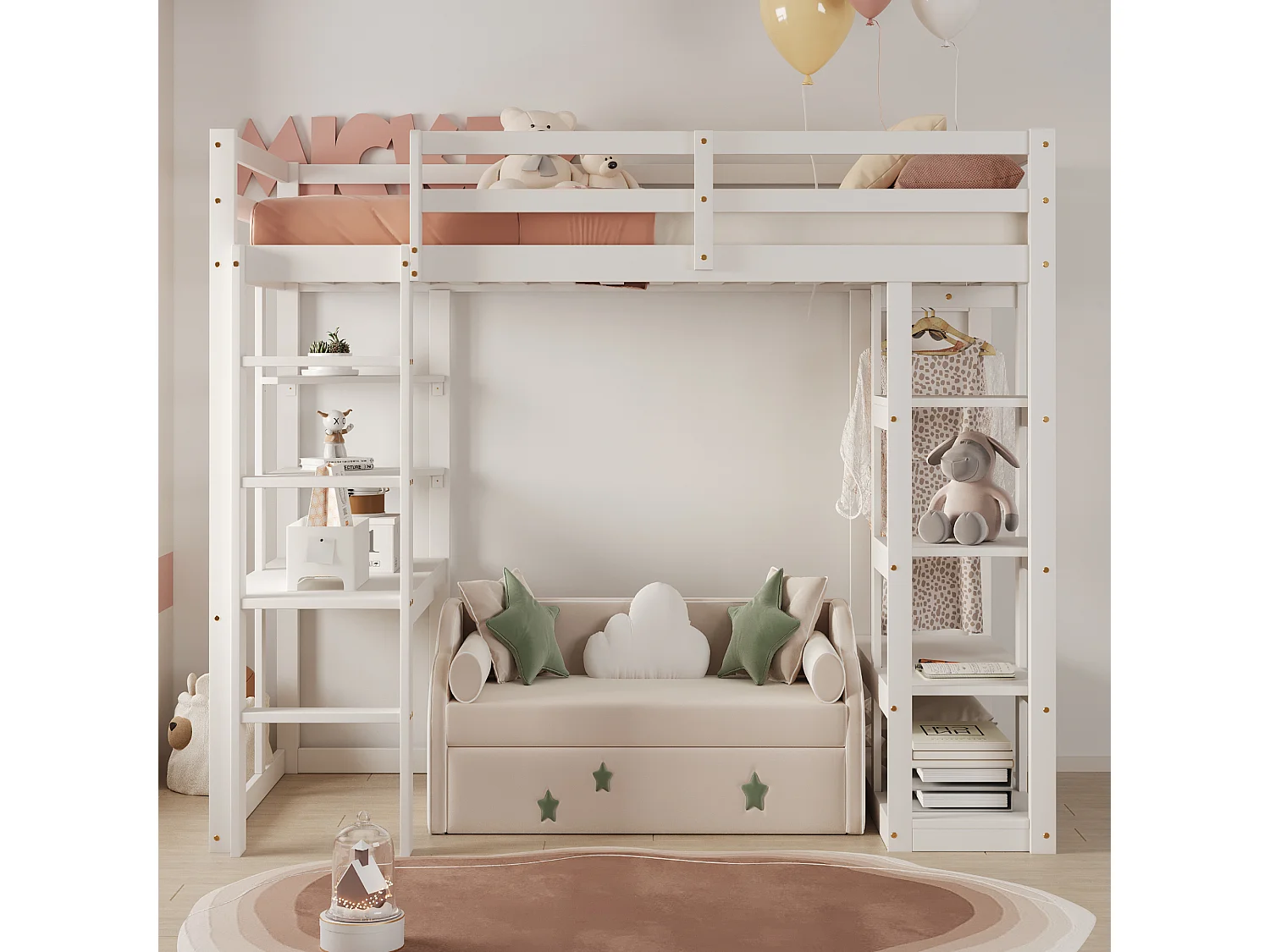 Cama alta infantil - 90 x 200 cm - con escalera + mesa + estantes + perchas - madera + MDF - blanco