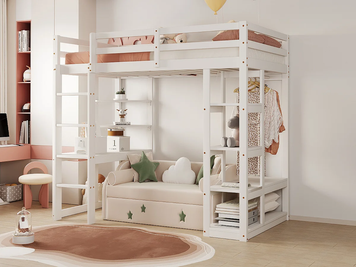Cama alta infantil - 90 x 200 cm - con escalera + mesa + estantes + perchas - madera + MDF - blanco