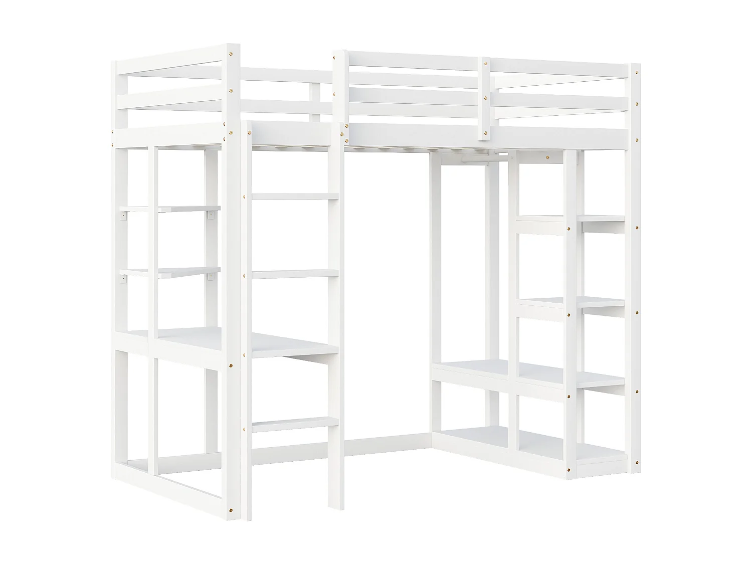 Cama alta infantil - 90 x 200 cm - con escalera + mesa + estantes + perchas - madera + MDF - blanco