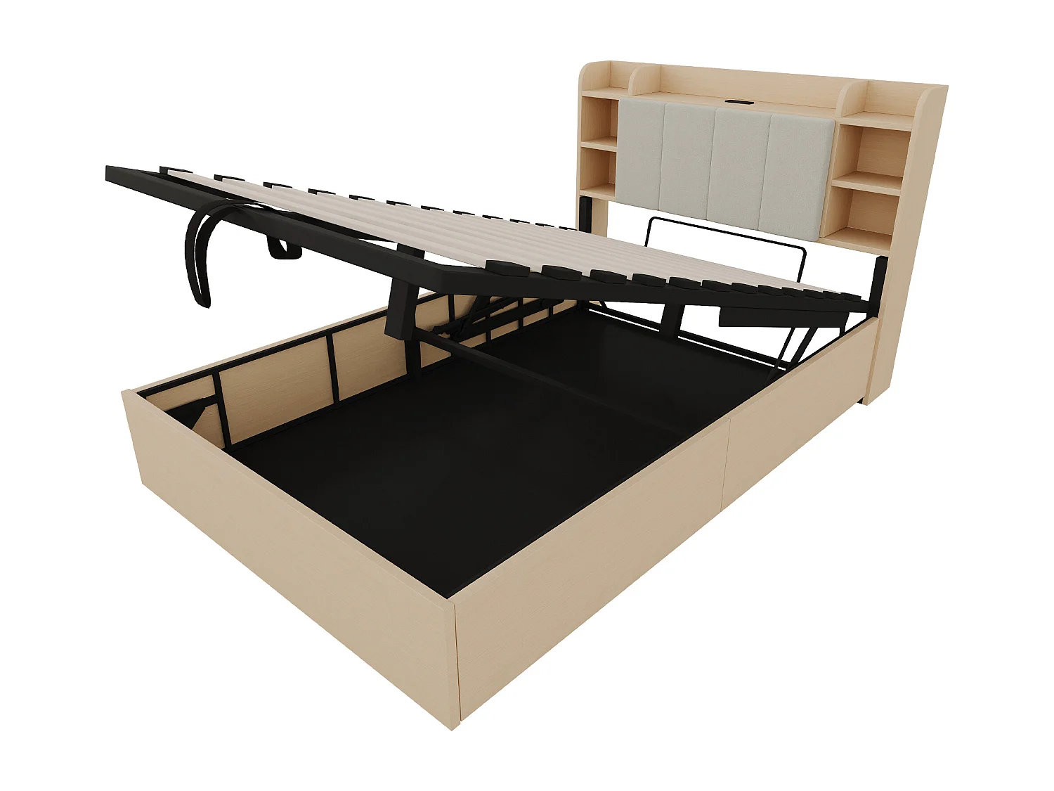 Lit coffre pou enfant - 140 x 200 cm - tête de lit avec rangement - avec USB + Type-C - MDF - naturel clair