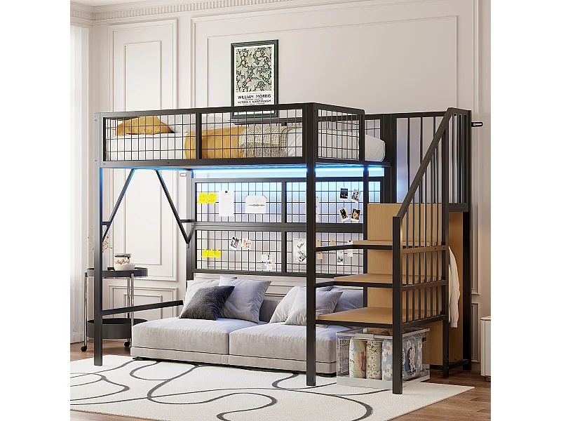 Lit mezzanine enfant en métal - 90 x 200 cm - avec armoire + Leds + rangements dans l'escalier - MDF + Métal - noir