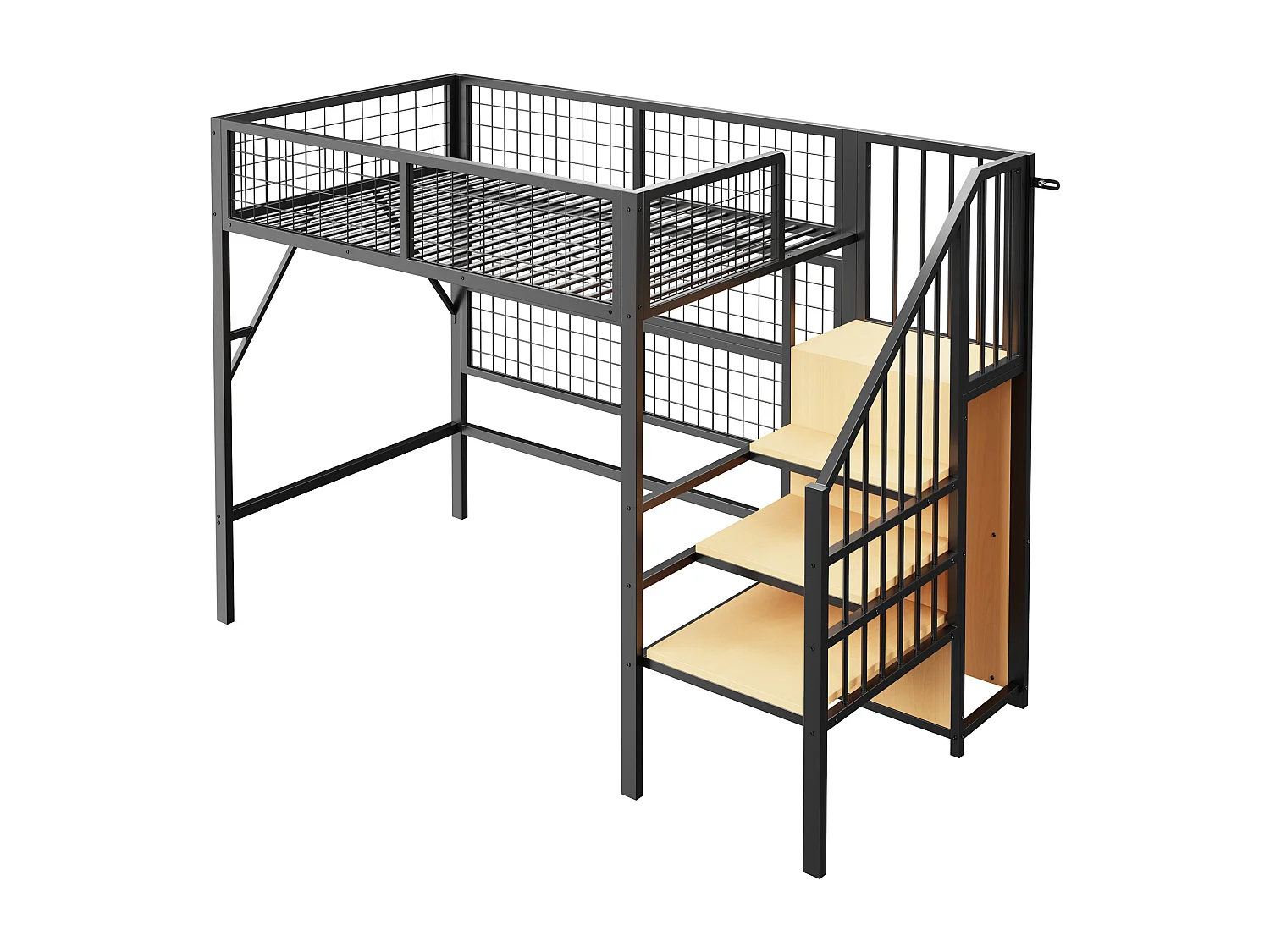 Lit mezzanine enfant en métal - 90 x 200 cm - avec armoire + Leds + rangements dans l'escalier - MDF + Métal - noir