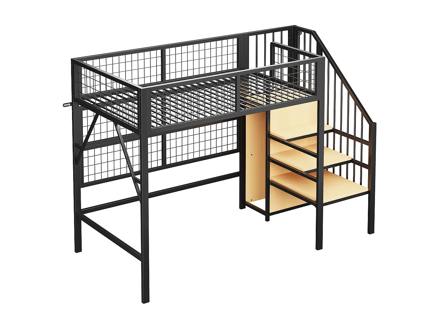 Lit mezzanine enfant en métal - 90 x 200 cm - avec armoire + Leds + rangements dans l'escalier - MDF + Métal - noir