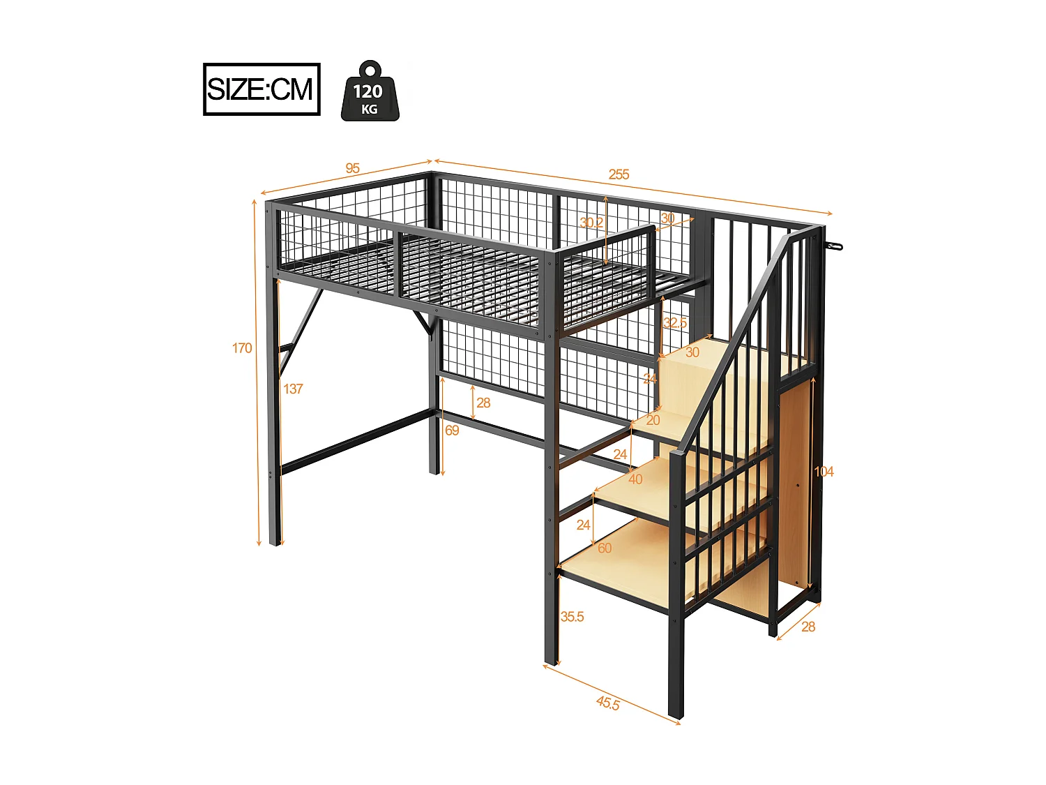 Lit mezzanine enfant en métal - 90 x 200 cm - avec armoire + Leds + rangements dans l'escalier - MDF + Métal - noir
