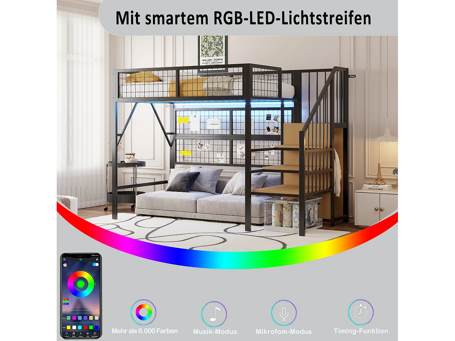 Lit mezzanine enfant en métal - 90 x 200 cm - avec armoire + Leds + rangements dans l'escalier - MDF + Métal - noir