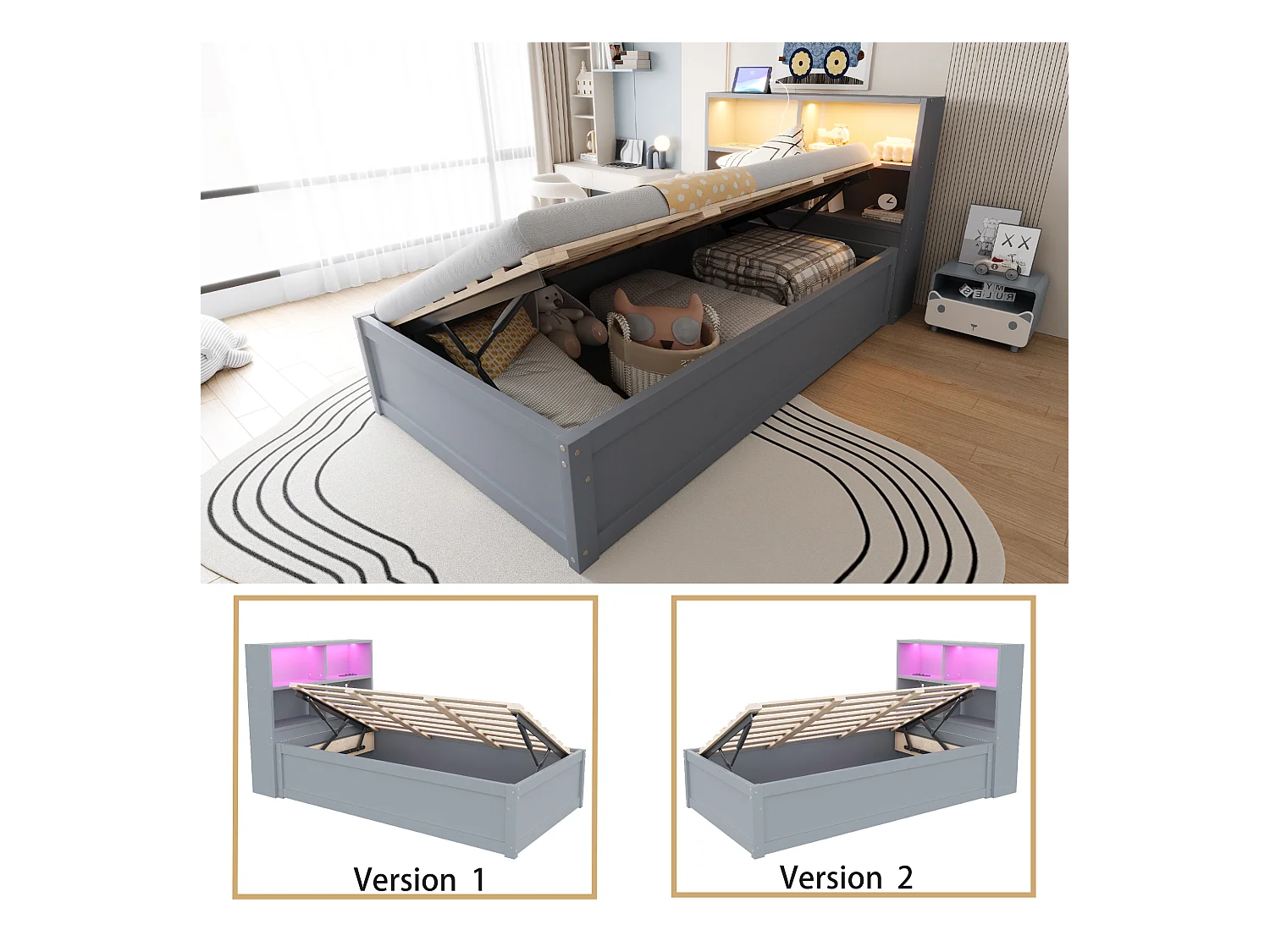 Lit coffre pour enfant - 90 x 200 cm - avec Leds + tête de lit avec rangement - bois + MDF - gris