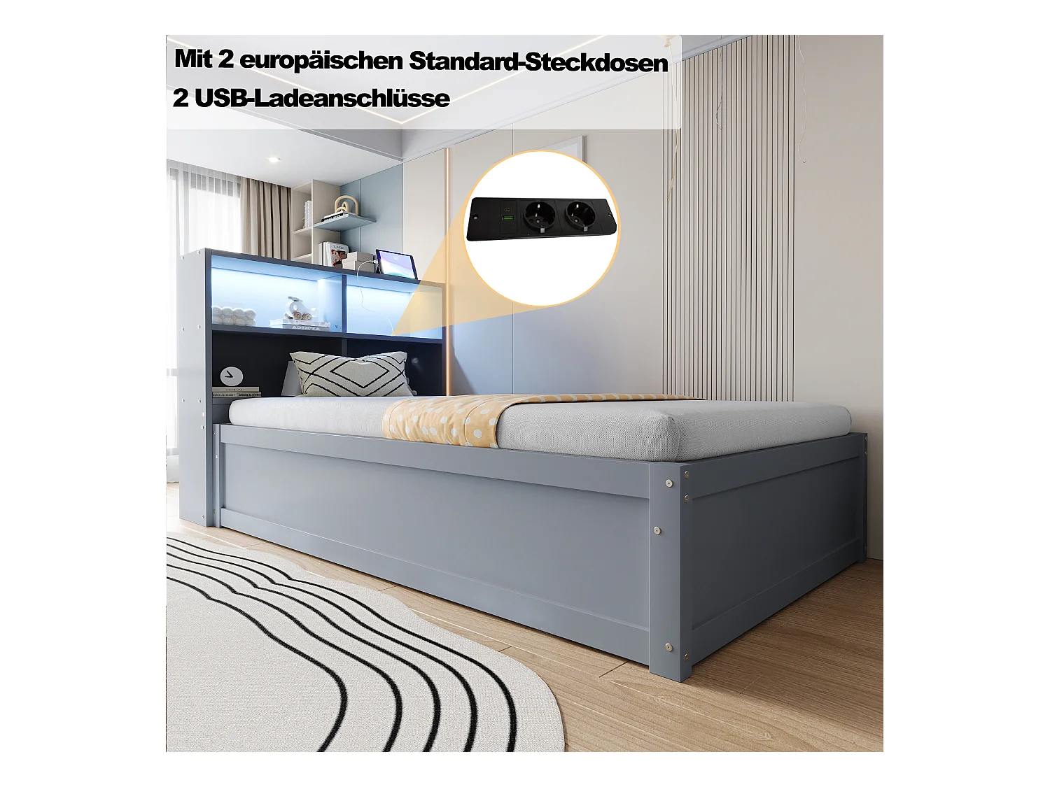 Lit coffre pour enfant - 90 x 200 cm - avec Leds + tête de lit avec rangement - bois + MDF - gris