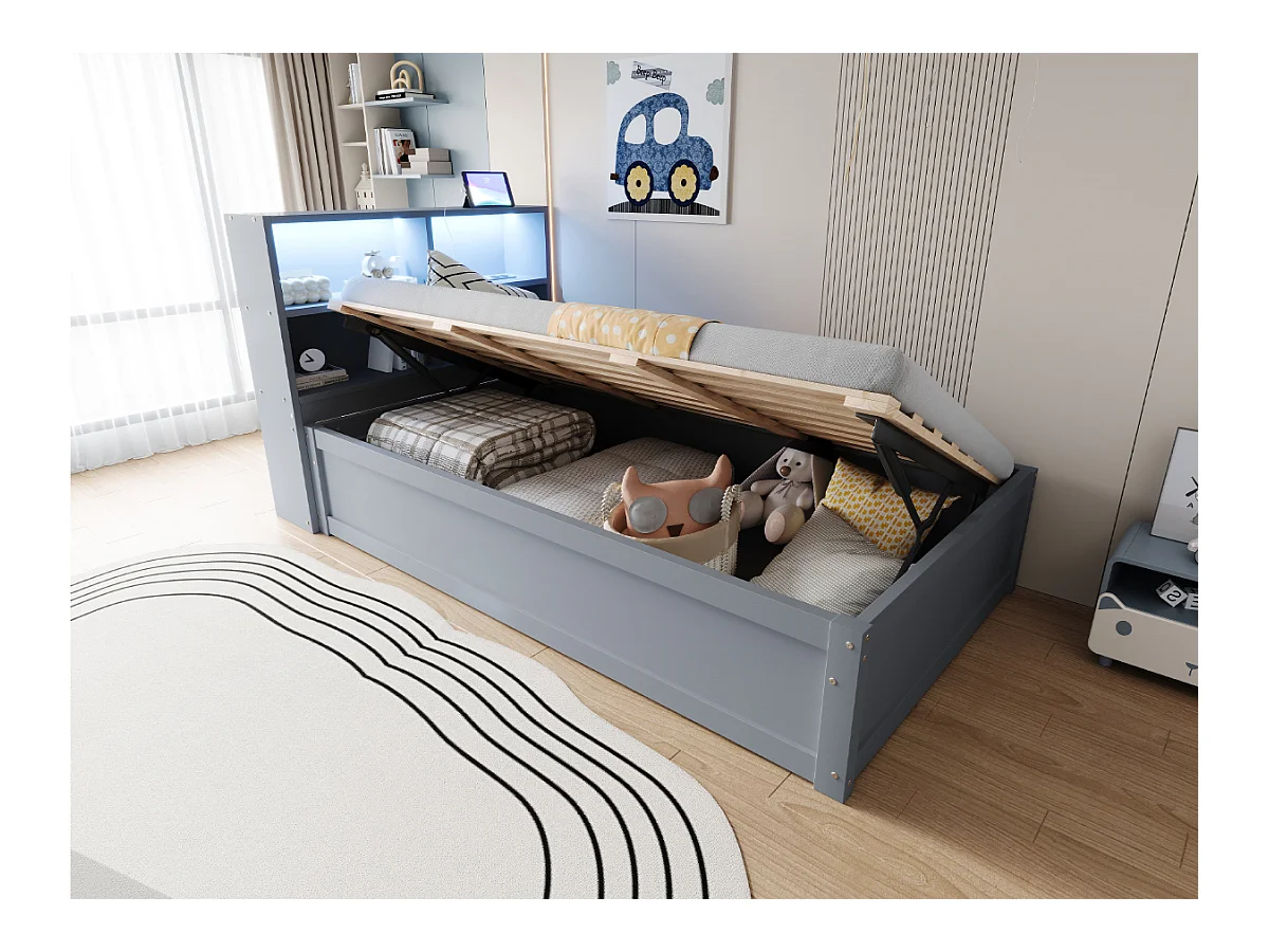 Lit coffre pour enfant - 90 x 200 cm - avec Leds + tête de lit avec rangement - bois + MDF - gris