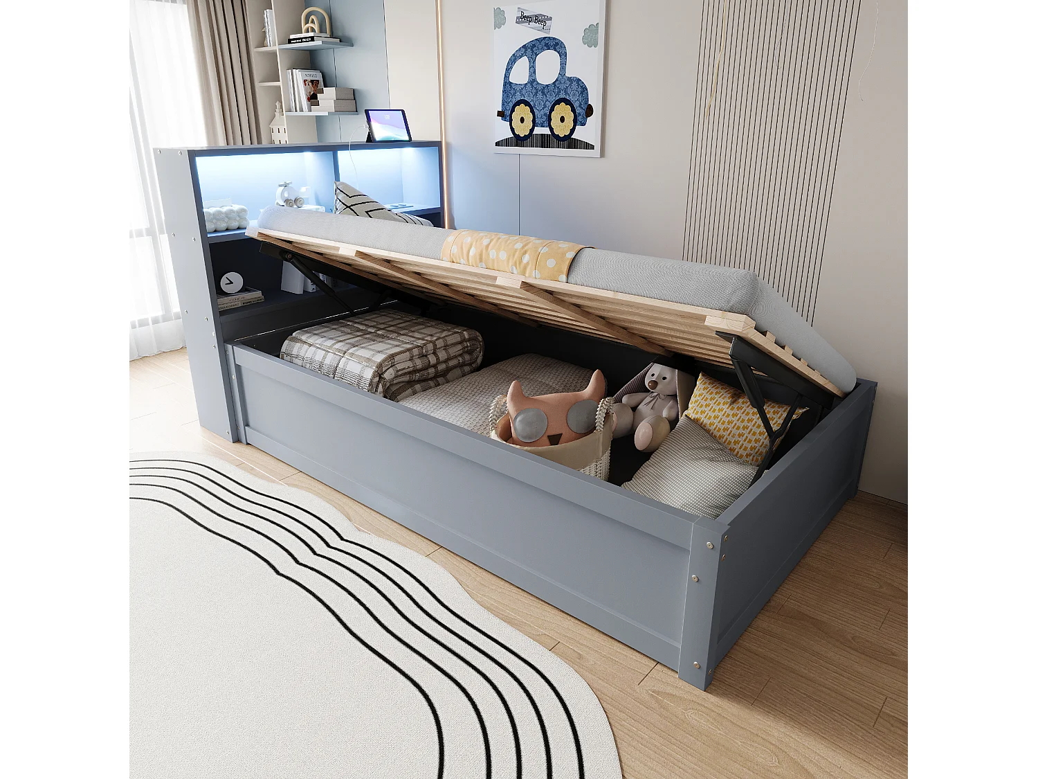 Kinderbett mit Stauraum - 90 x 200 cm - mit LEDs + Kopfteil mit Stauraum - Holz + MDF - grau