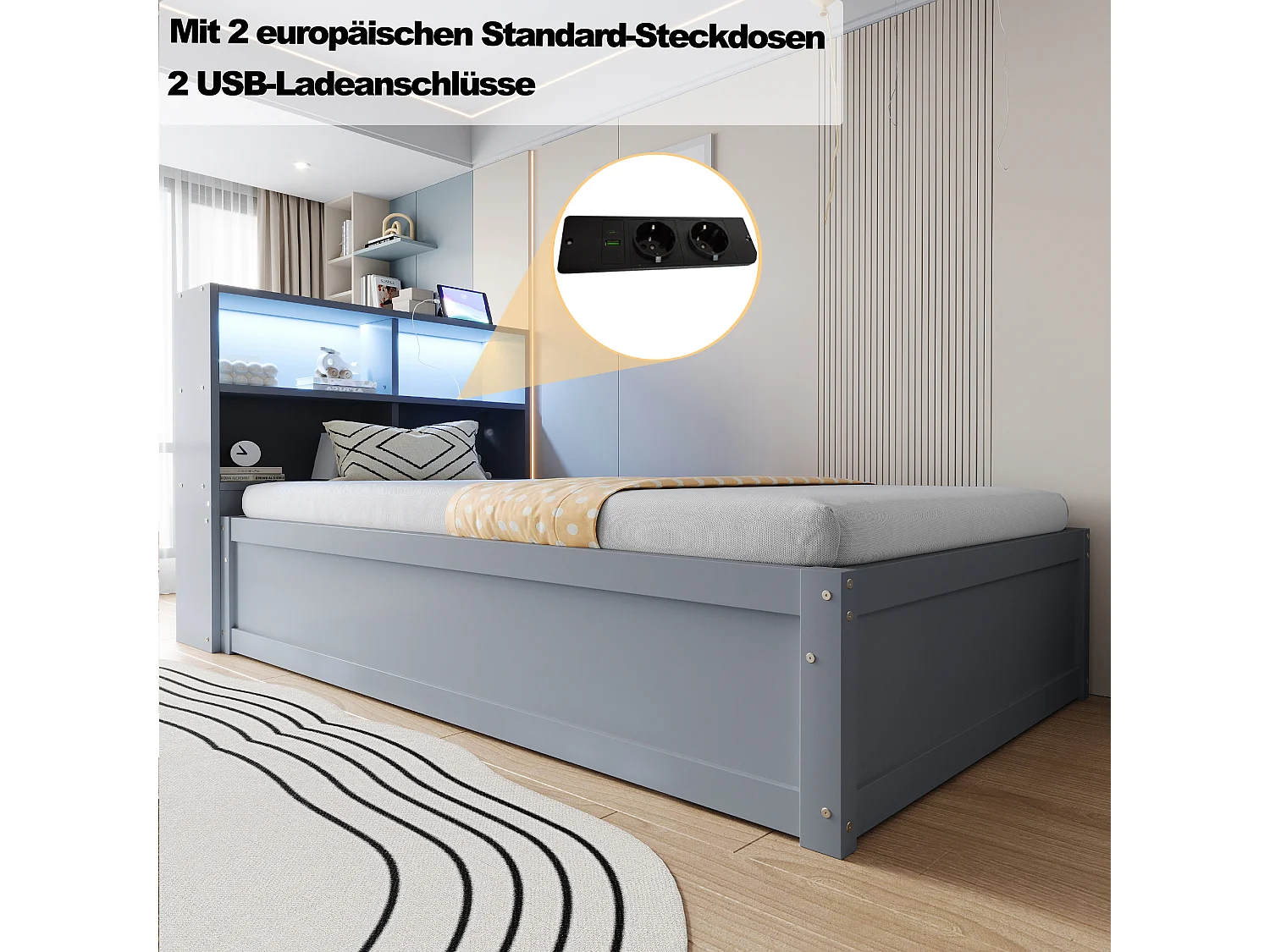 Kinderbett mit Stauraum - 90 x 200 cm - mit LEDs + Kopfteil mit Stauraum - Holz + MDF - grau