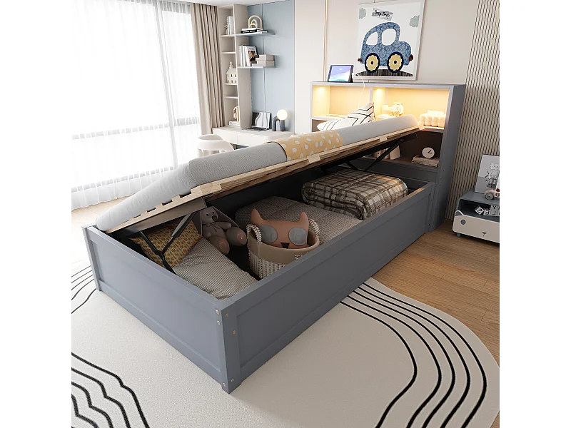 Kinderbed met opbergruimte - 90 x 200 cm - met LED's + hoofdeinde met opbergruimte - hout + MDF - grijs