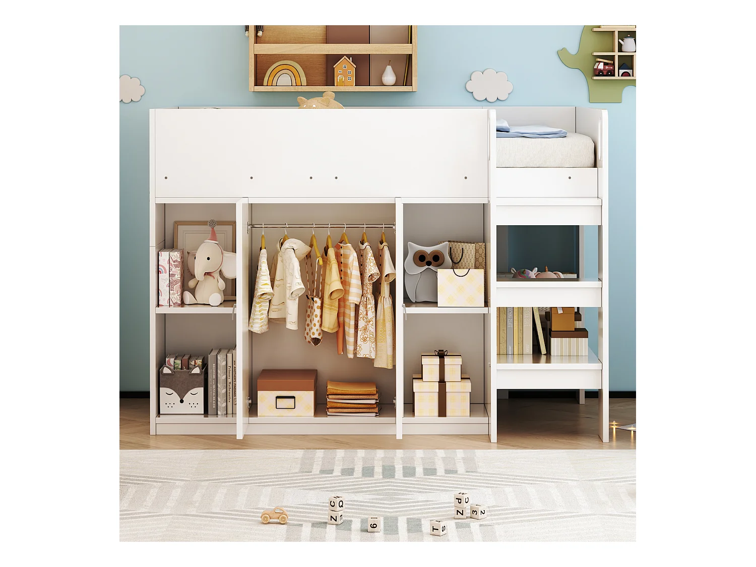 Lit mezzanine enfant - 90 x 200 - rangements avec 2 portes - avec armoire + étagères - bois + MDF - blanc