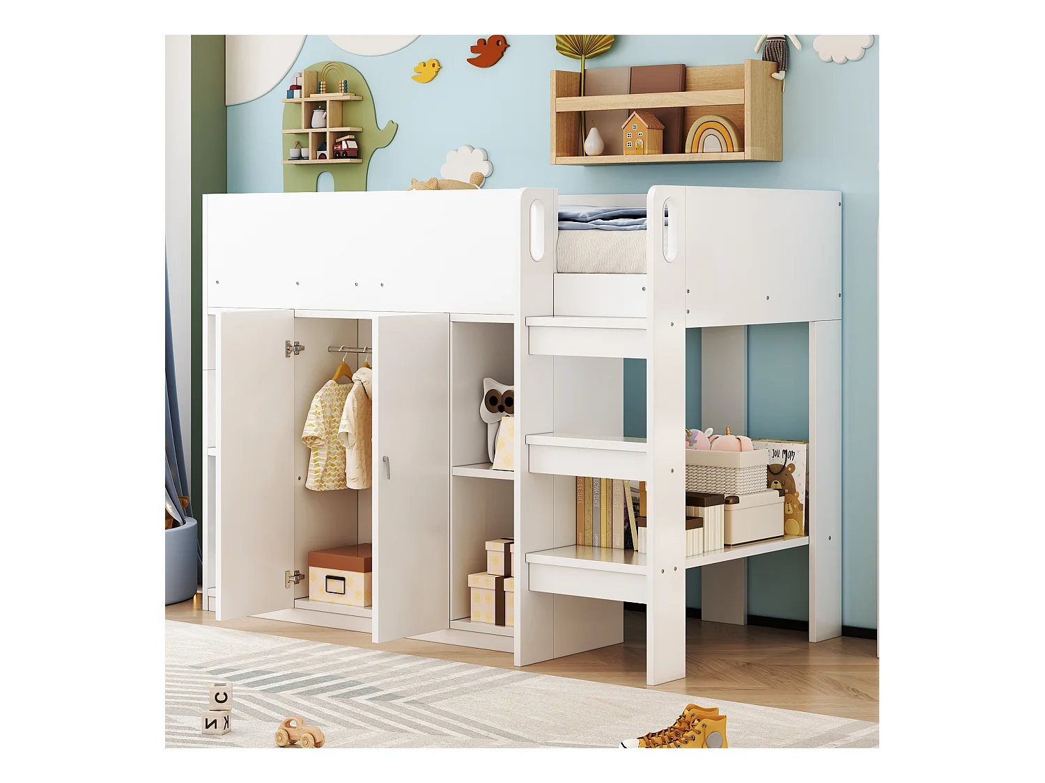 Lit mezzanine enfant - 90 x 200 - rangements avec 2 portes - avec armoire + étagères - bois + MDF - blanc