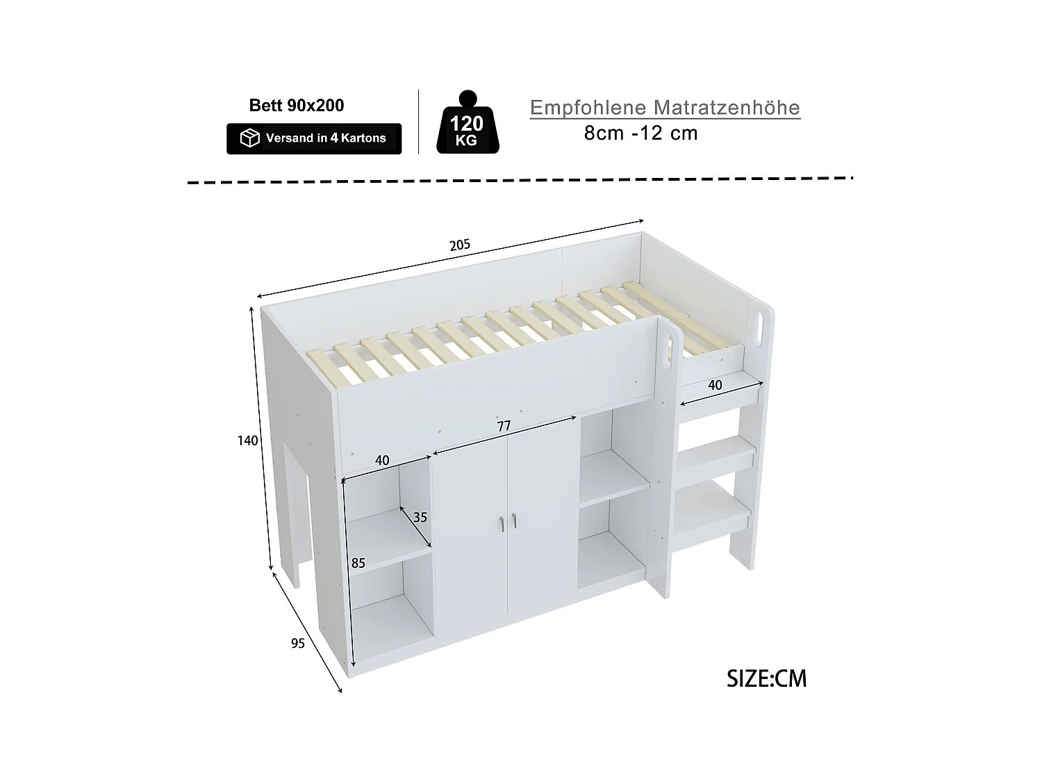 Lit mezzanine enfant - 90 x 200 - rangements avec 2 portes - avec armoire + étagères - bois + MDF - blanc