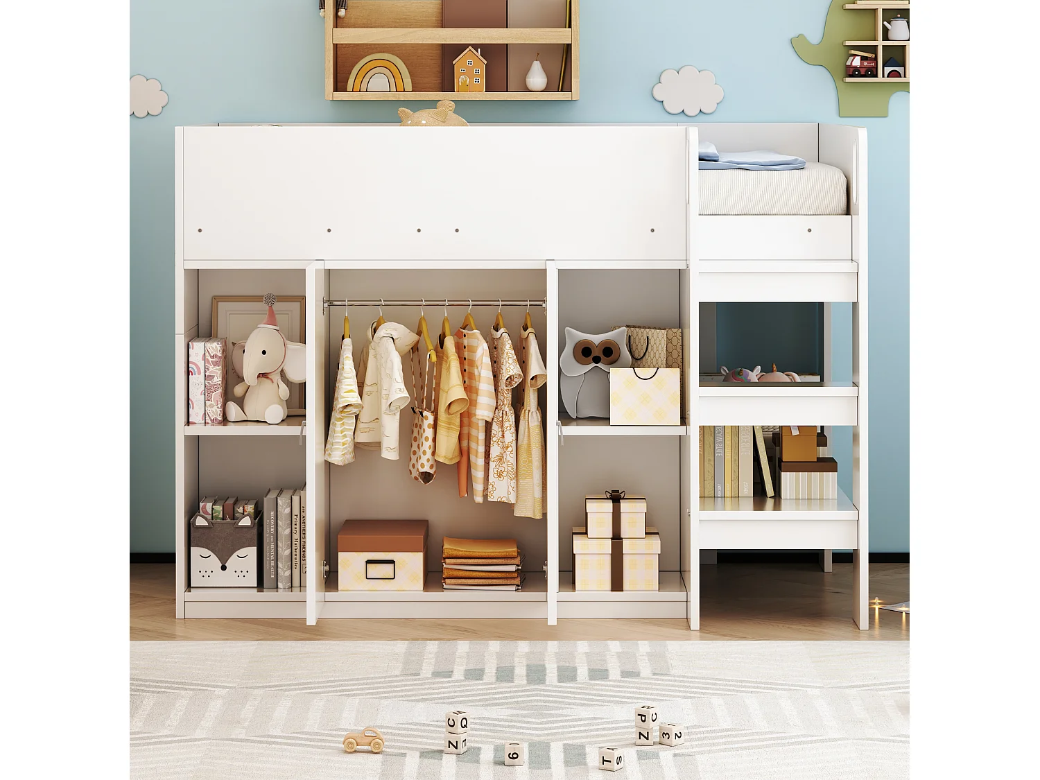 Lit mezzanine enfant - 90 x 200 - rangements avec 2 portes - avec armoire + étagères - bois + MDF - blanc