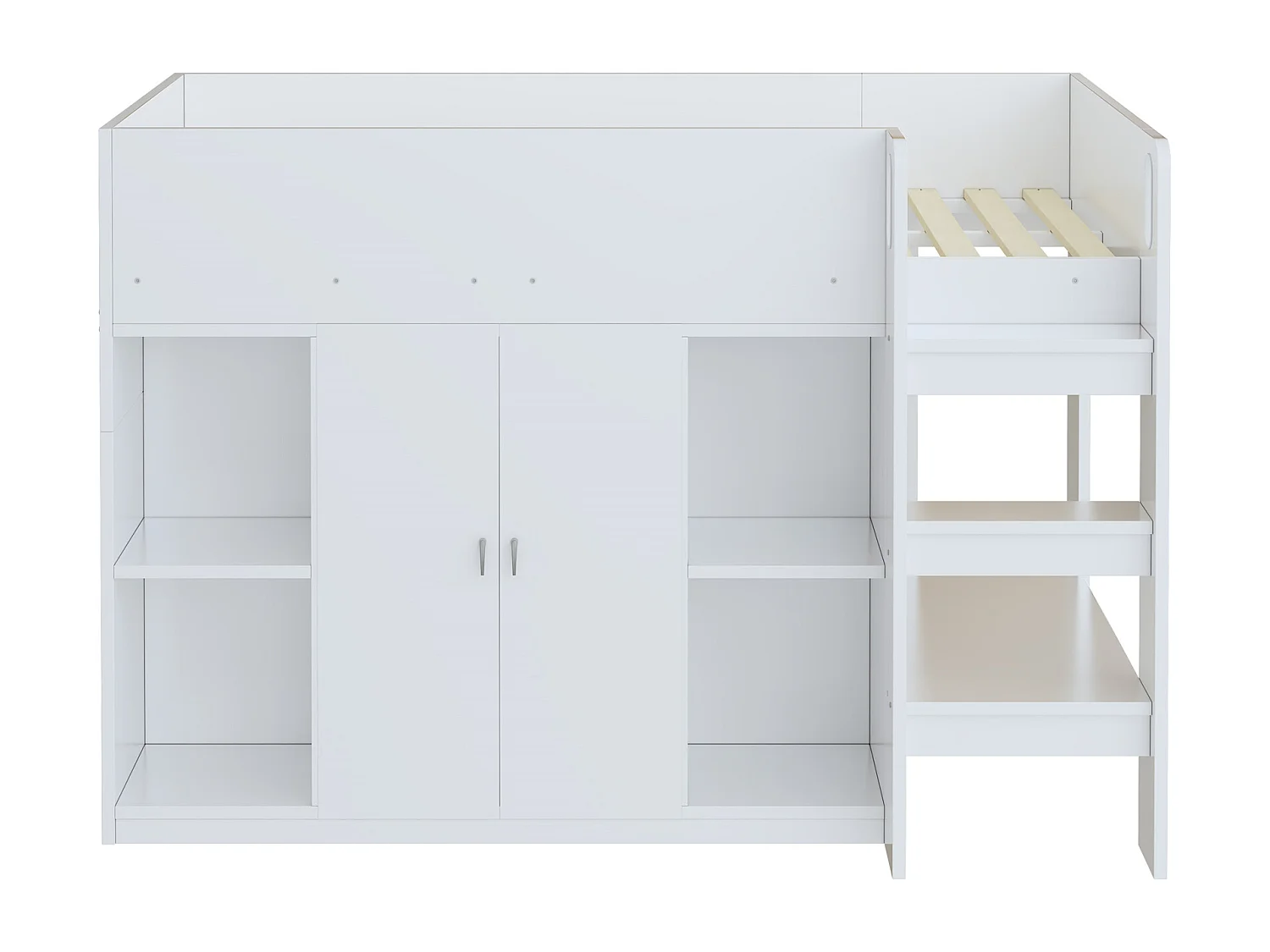 Lit mezzanine enfant - 90 x 200 - rangements avec 2 portes - avec armoire + étagères - bois + MDF - blanc