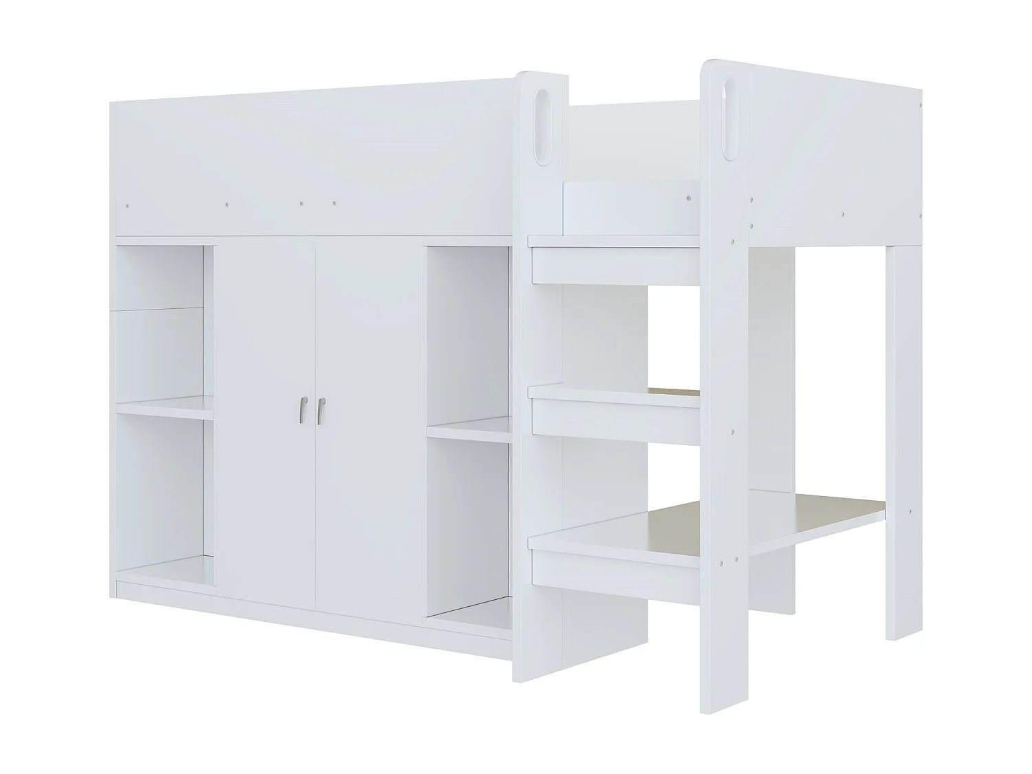 Lit mezzanine enfant - 90 x 200 - rangements avec 2 portes - avec armoire + étagères - bois + MDF - blanc