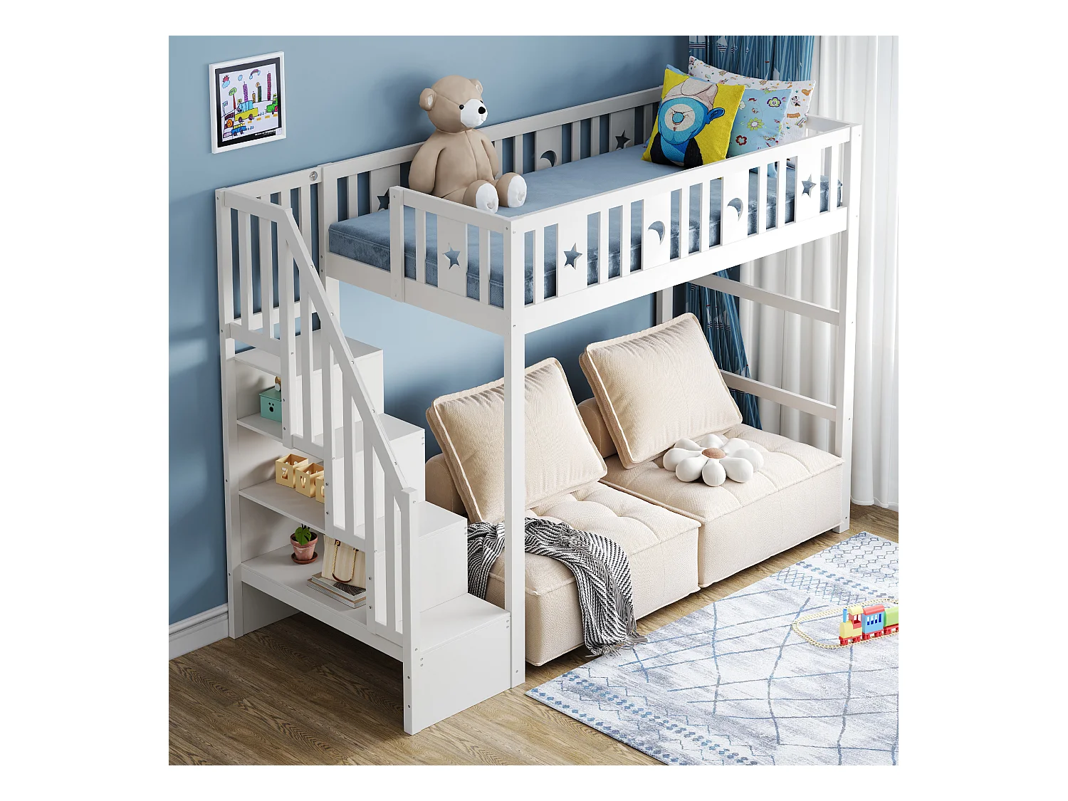 Lit mezzanine enfant - 90 x 200 - avec rangement dans l'escalier + barrière de sécurité - bois + MDF - blanc