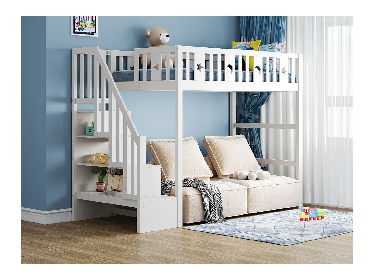 Lit mezzanine enfant - 90 x 200 - avec rangement dans l'escalier + barrière de sécurité - bois + MDF - blanc