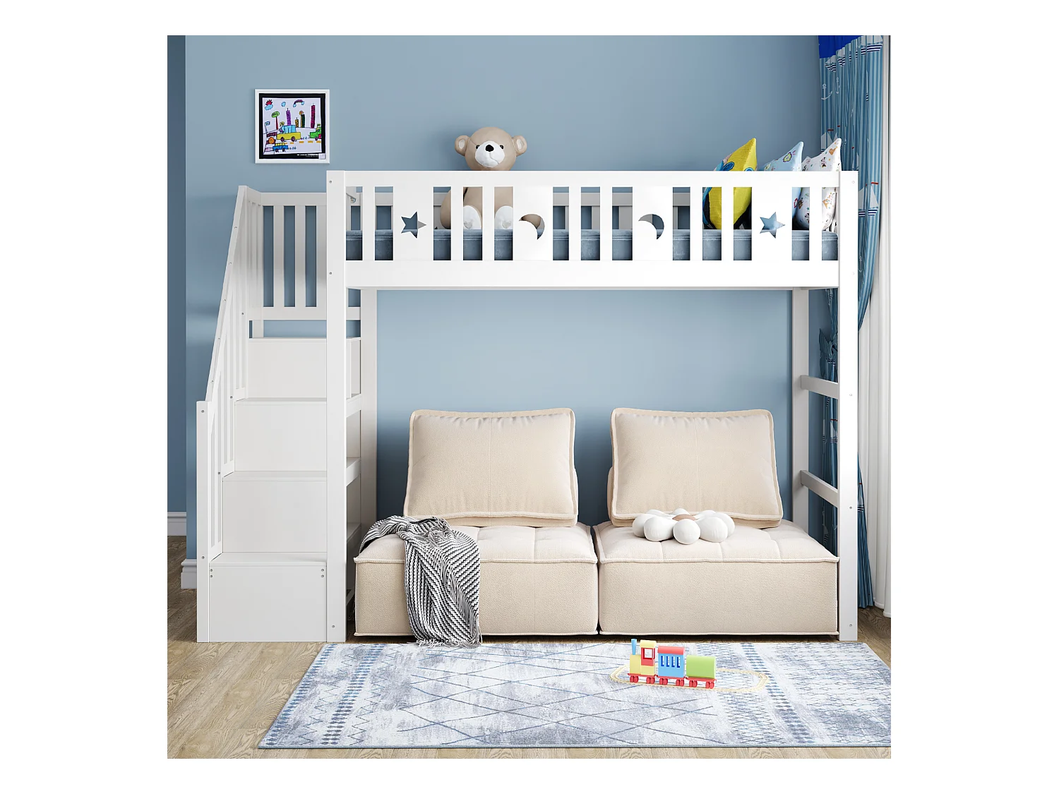 Lit mezzanine enfant - 90 x 200 - avec rangement dans l'escalier + barrière de sécurité - bois + MDF - blanc