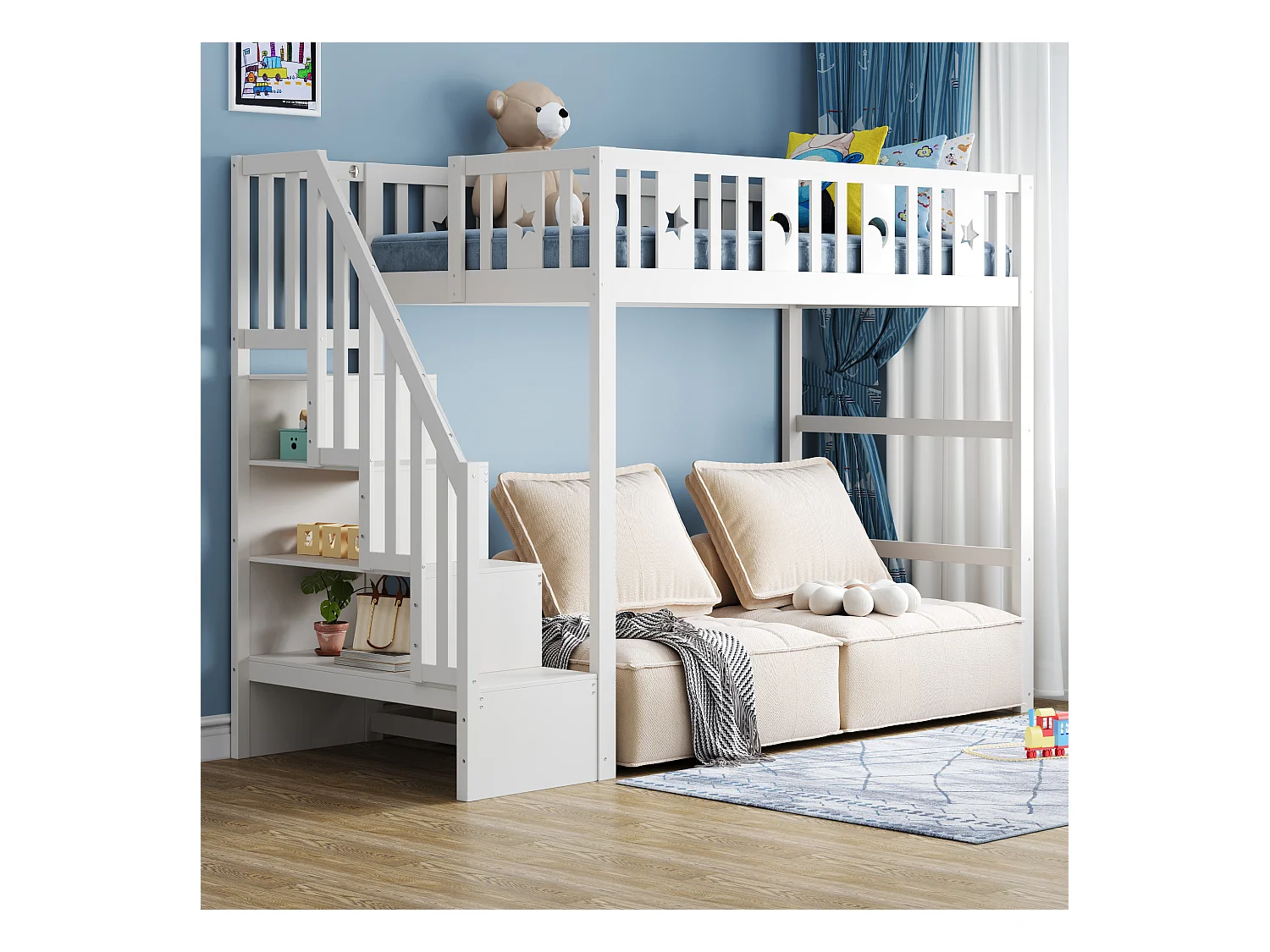 Lit mezzanine enfant - 90 x 200 - avec rangement dans l'escalier + barrière de sécurité - bois + MDF - blanc