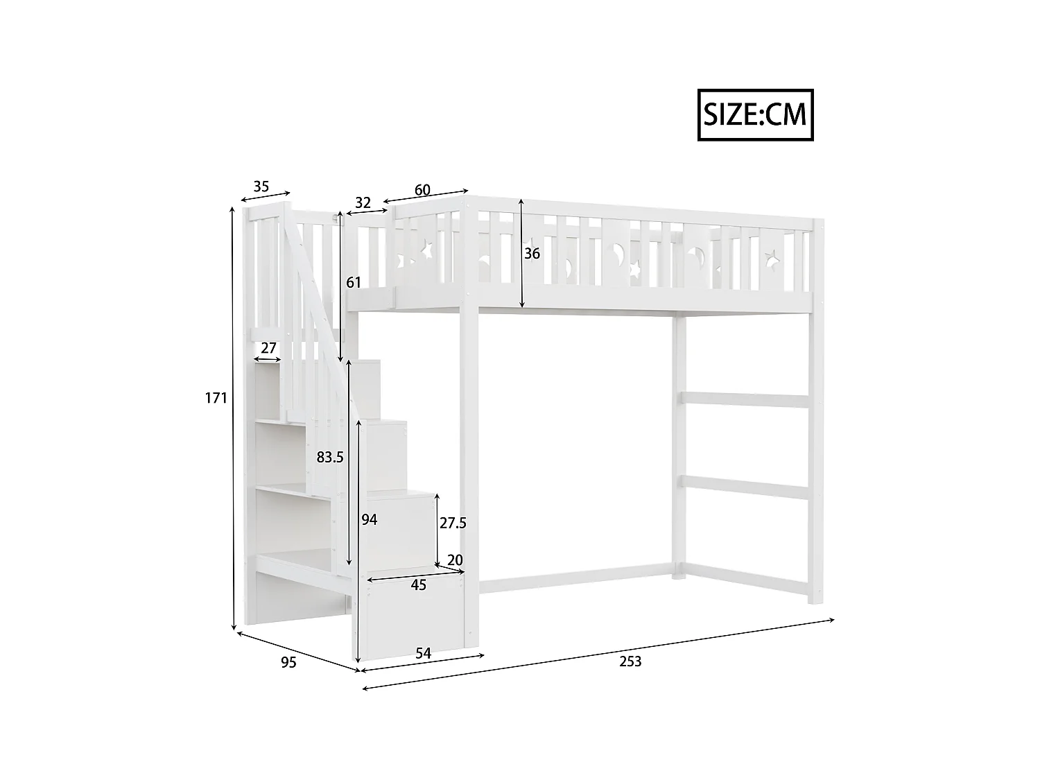 Lit mezzanine enfant - 90 x 200 - avec rangement dans l'escalier + barrière de sécurité - bois + MDF - blanc