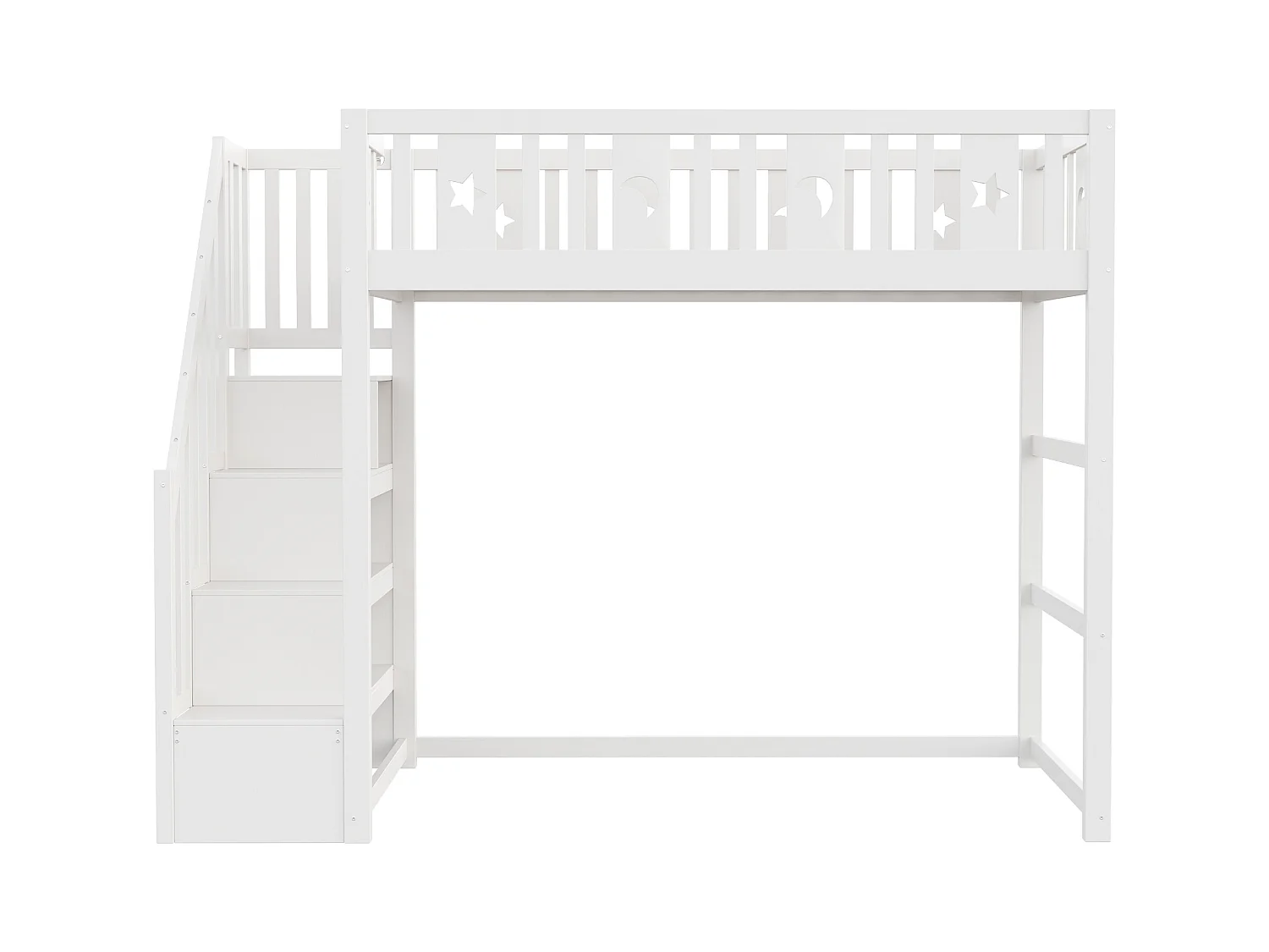 Lit mezzanine enfant - 90 x 200 - avec rangement dans l'escalier + barrière de sécurité - bois + MDF - blanc