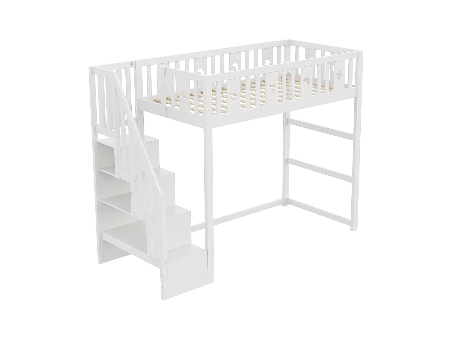 Lit mezzanine enfant - 90 x 200 - avec rangement dans l'escalier + barrière de sécurité - bois + MDF - blanc
