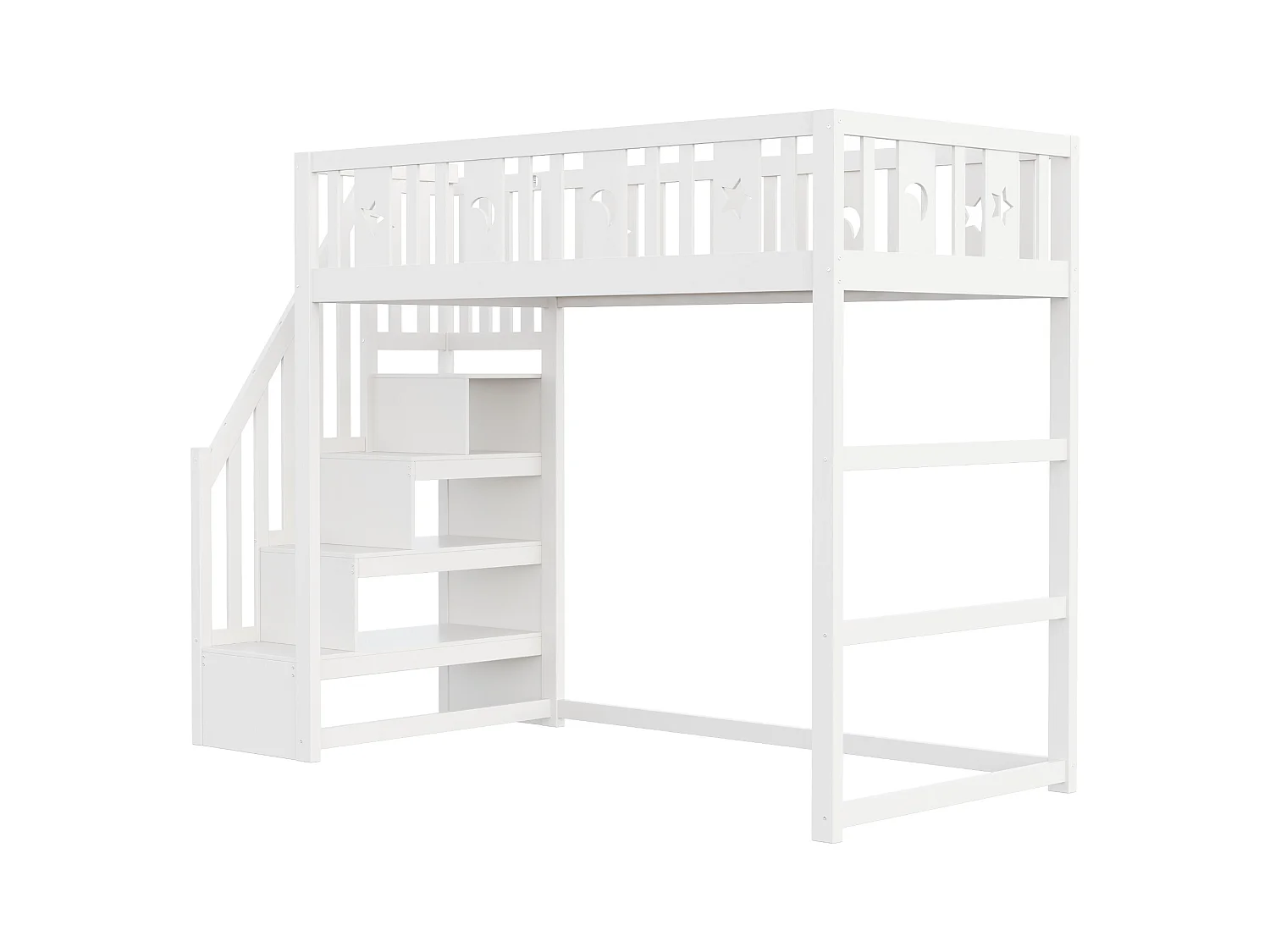 Lit mezzanine enfant - 90 x 200 - avec rangement dans l'escalier + barrière de sécurité - bois + MDF - blanc
