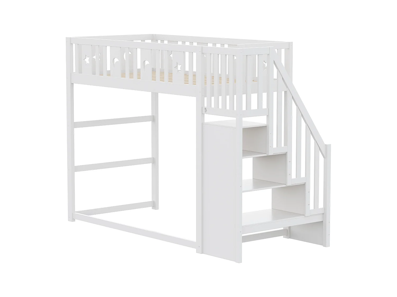 Lit mezzanine enfant - 90 x 200 - avec rangement dans l'escalier + barrière de sécurité - bois + MDF - blanc