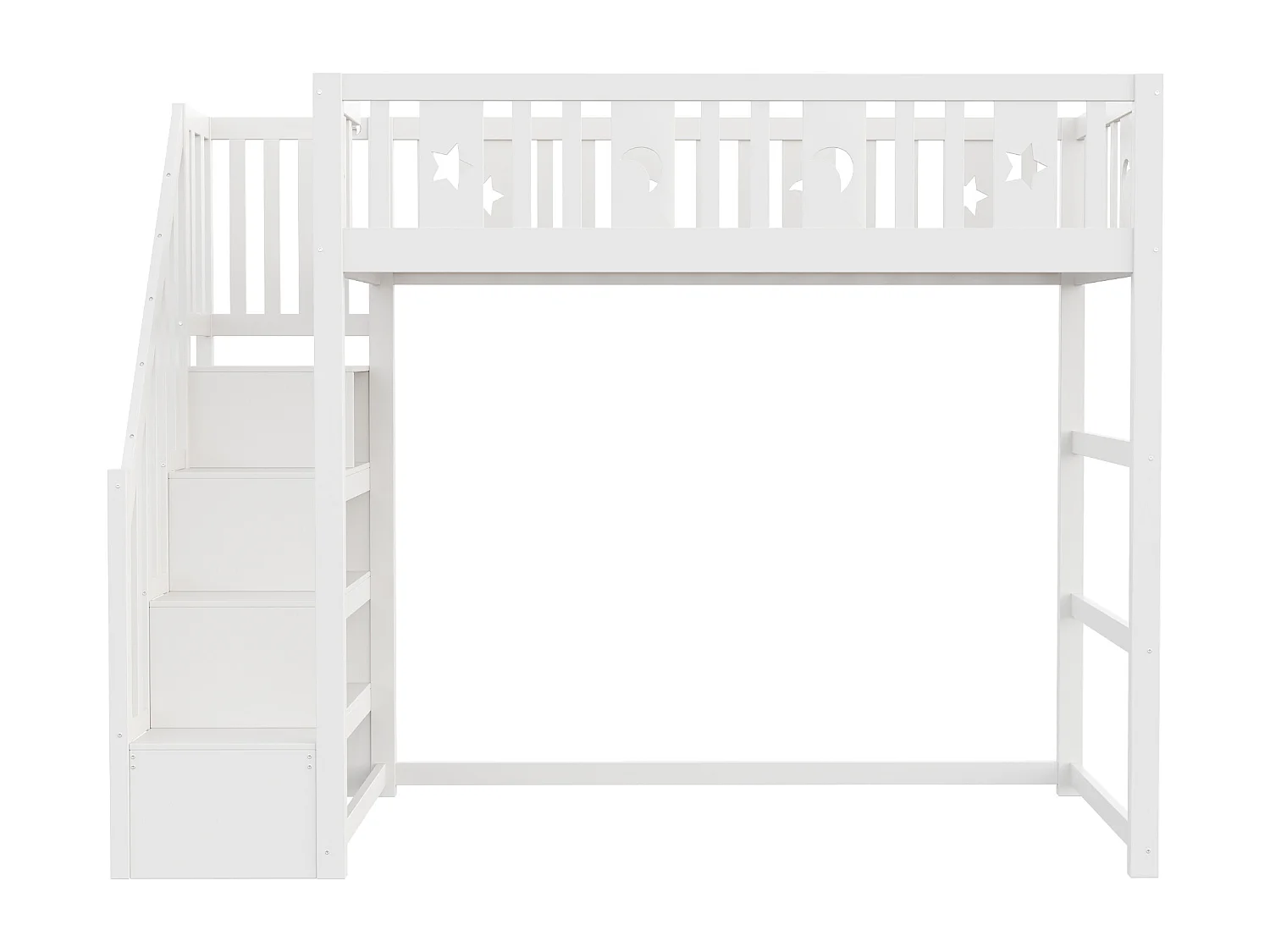 Lit mezzanine enfant - 90 x 200 - avec rangement dans l'escalier + barrière de sécurité - bois + MDF - blanc