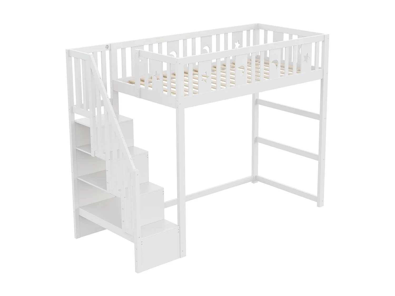 Lit mezzanine enfant - 90 x 200 - avec rangement dans l'escalier + barrière de sécurité - bois + MDF - blanc