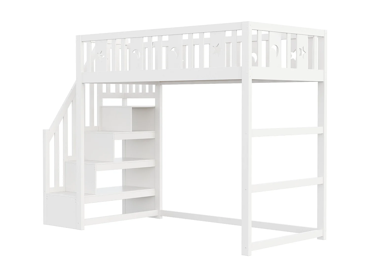 Lit mezzanine enfant - 90 x 200 - avec rangement dans l'escalier + barrière de sécurité - bois + MDF - blanc
