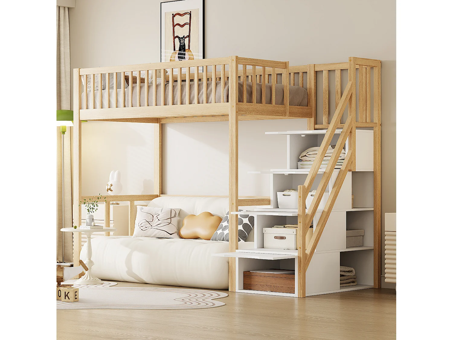 Lit mezzanine pour enfant - 90 x 200 cm - avec rangements dans l'escalier - bois + MDF - naturel clair