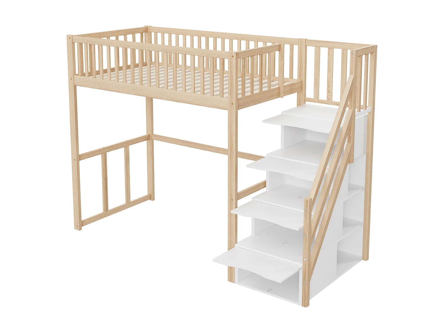 Lit mezzanine pour enfant - 90 x 200 cm - avec rangements dans l'escalier - bois + MDF - naturel clair