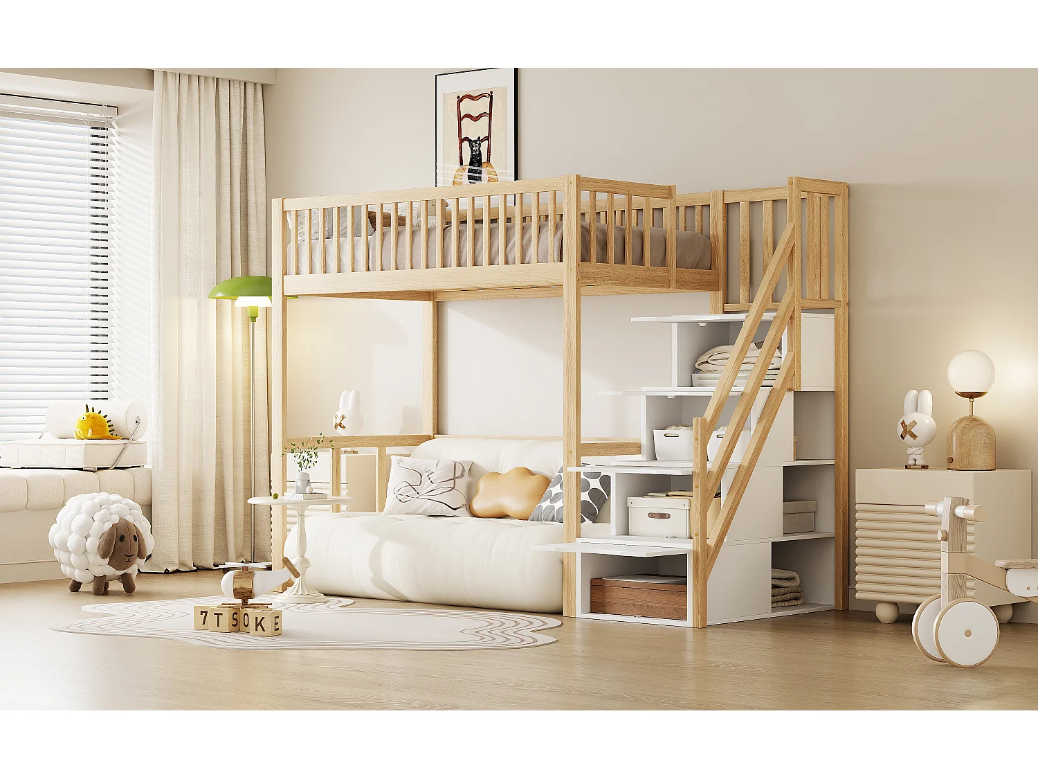 Lit mezzanine pour enfant - 90 x 200 cm - avec rangements dans l'escalier - bois + MDF - naturel clair