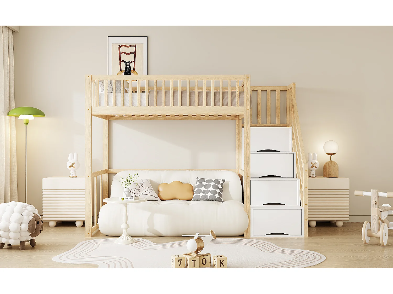 Lit mezzanine pour enfant - 90 x 200 cm - avec rangements dans l'escalier - bois + MDF - naturel clair