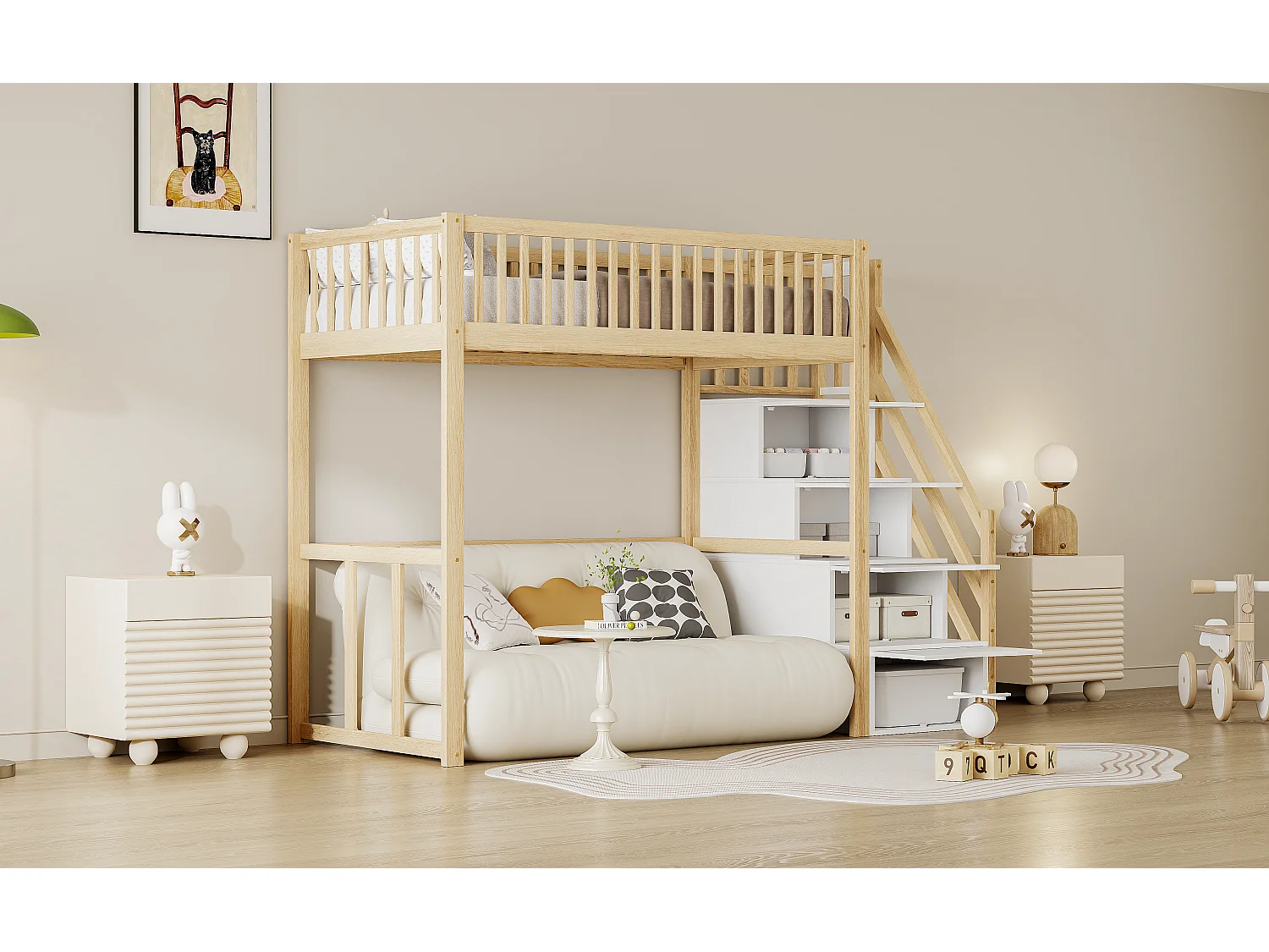 Lit mezzanine pour enfant - 90 x 200 cm - avec rangements dans l'escalier - bois + MDF - naturel clair