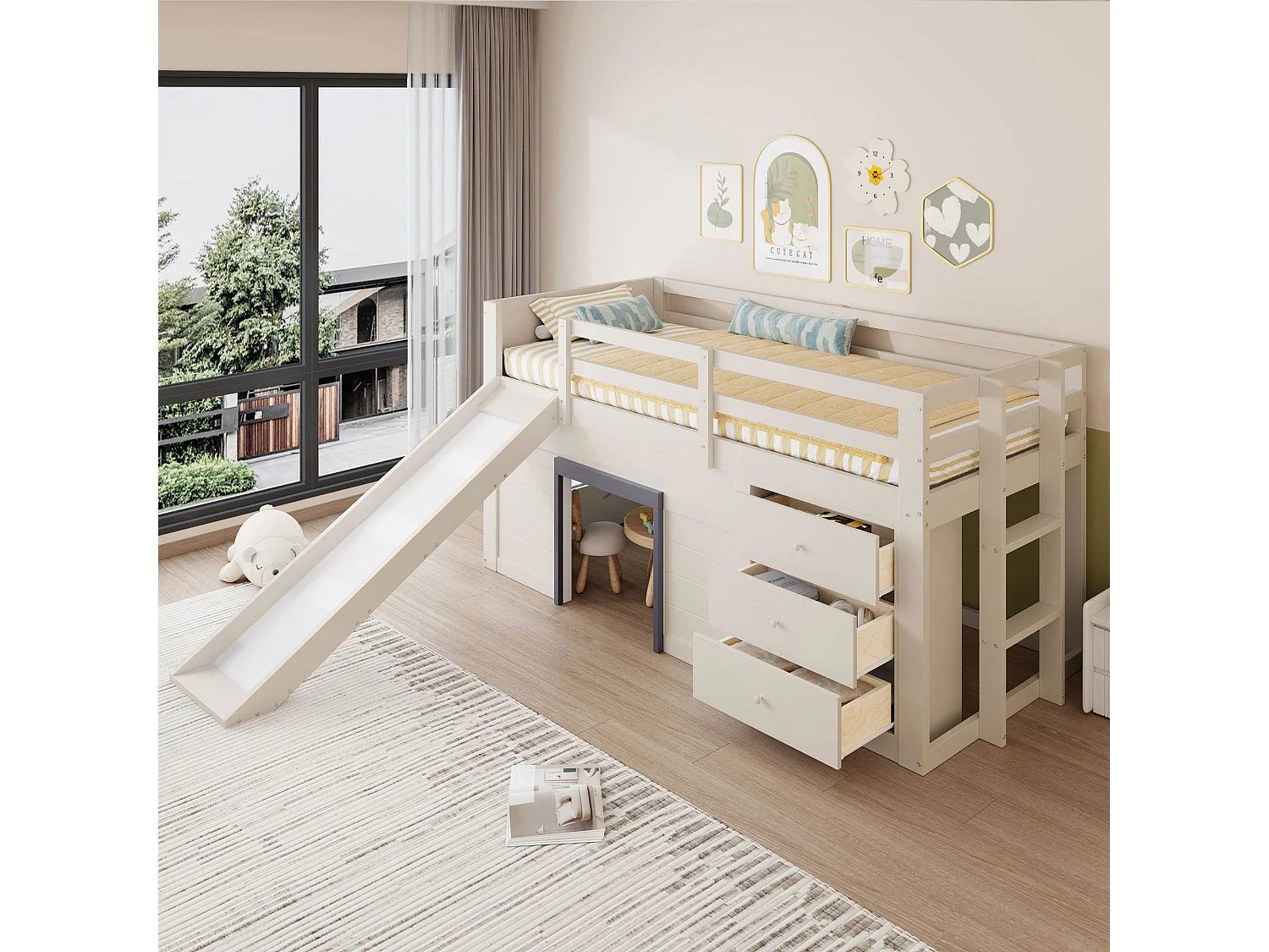 Letto a soppalco per bambini - 90 x 200 cm - con scivolo + 3 cassetti + 2 ante - MDF + pino - bianco