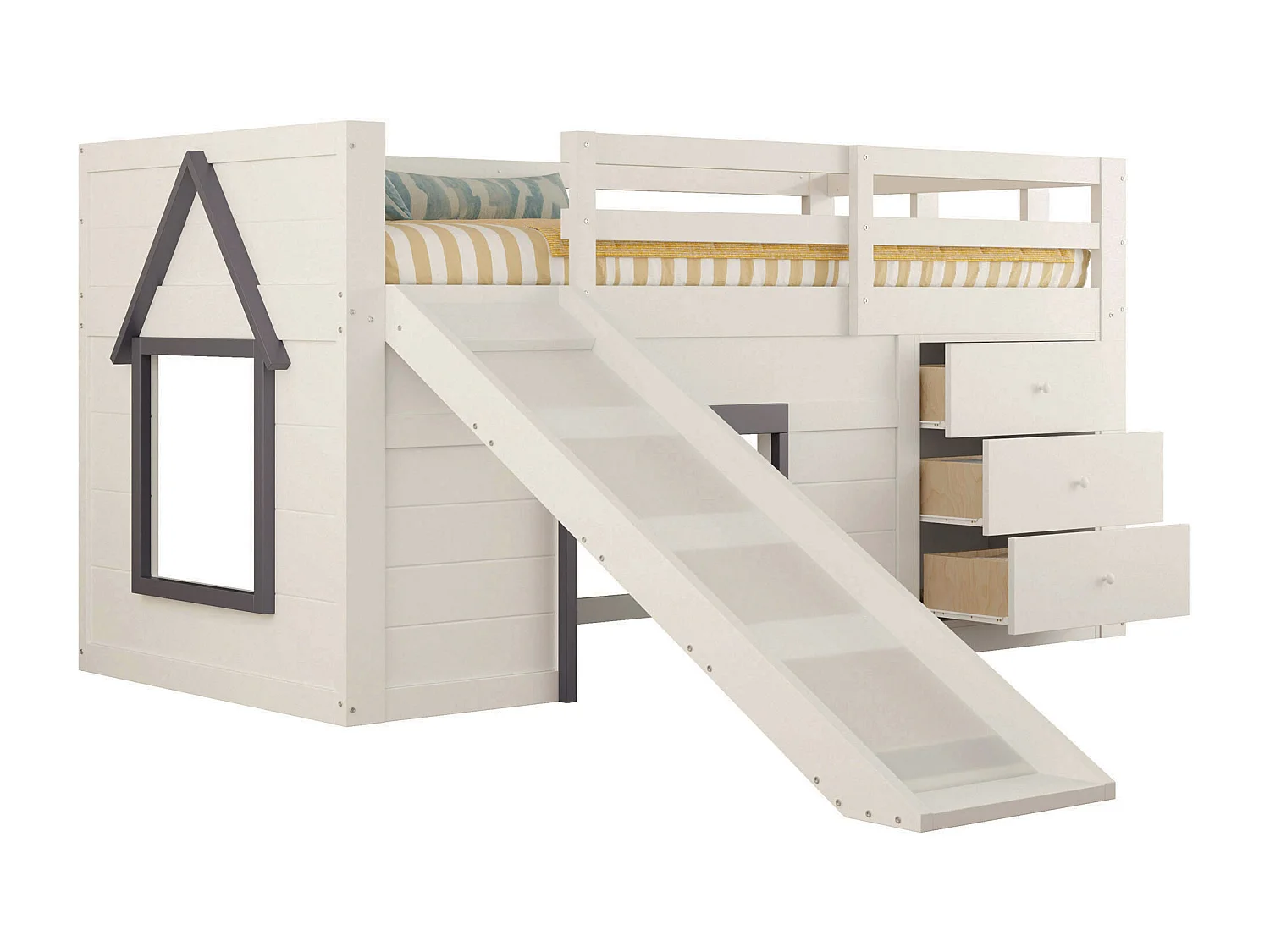 Letto a soppalco per bambini - 90 x 200 cm - con scivolo + 3 cassetti + 2 ante - MDF + pino - bianco