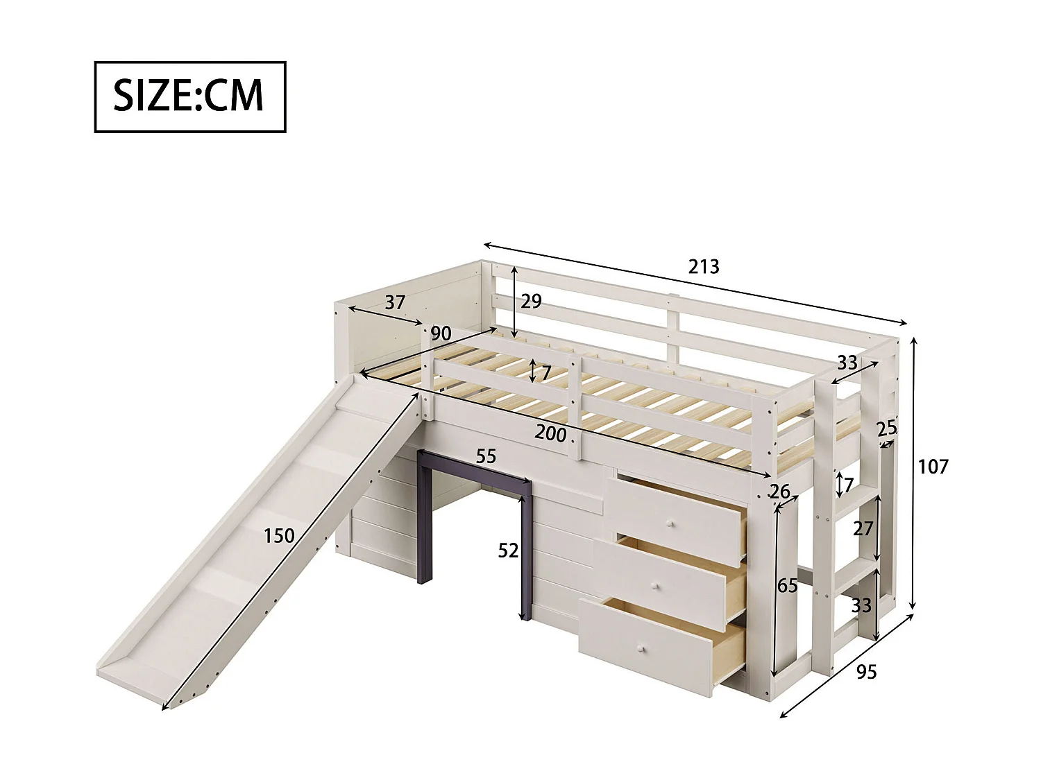 Łóżko piętrowe dla dzieci - 90 x 200 cm - z wysuwaną półką + 3 szuflady + 2 drzwi - płyta MDF + sosna - białe