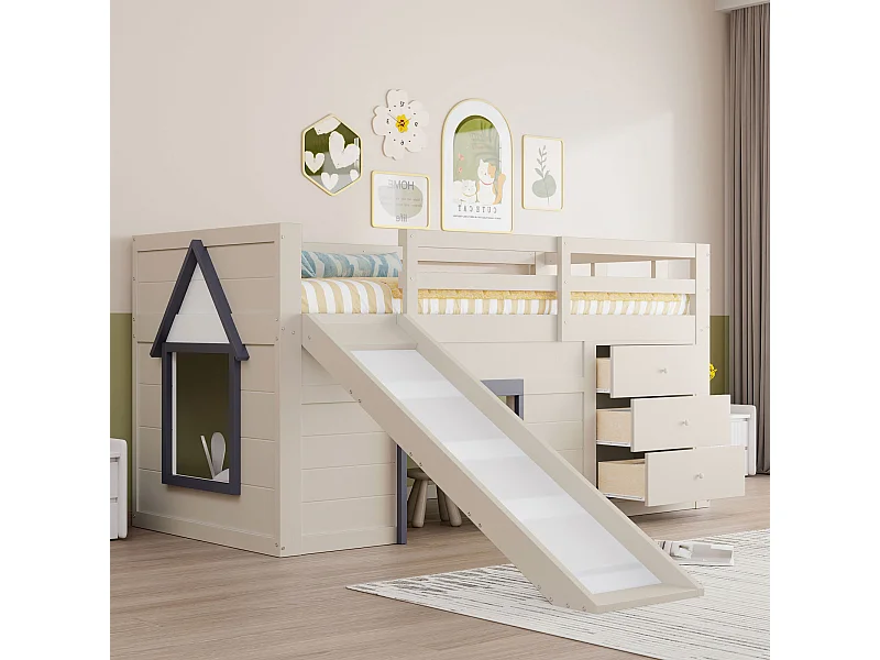 Lit mezzanine pour enfant - 90 x 200 cm - avec toboggan + 3 tiroirs + 2 portes - MDF + pin - blanc