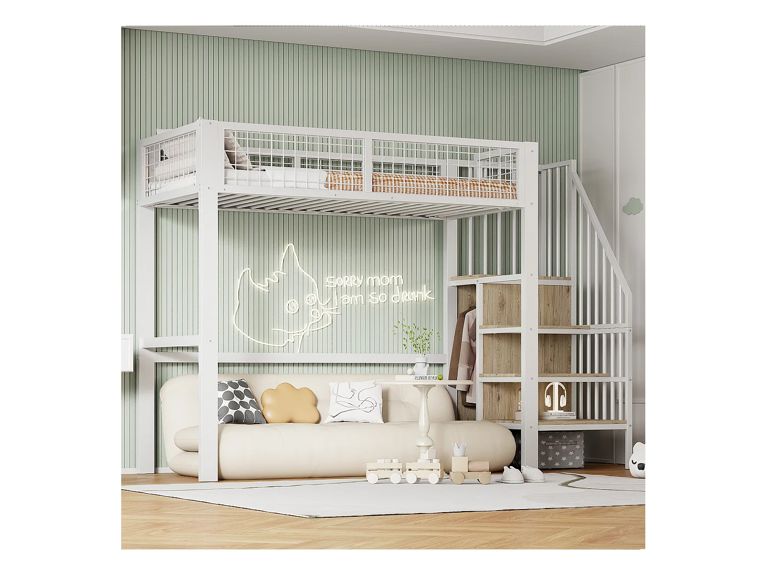 Kinderhoogslaper - 90 x 200 cm - met ladder + opbergplank + kledingkast - metaal - wit