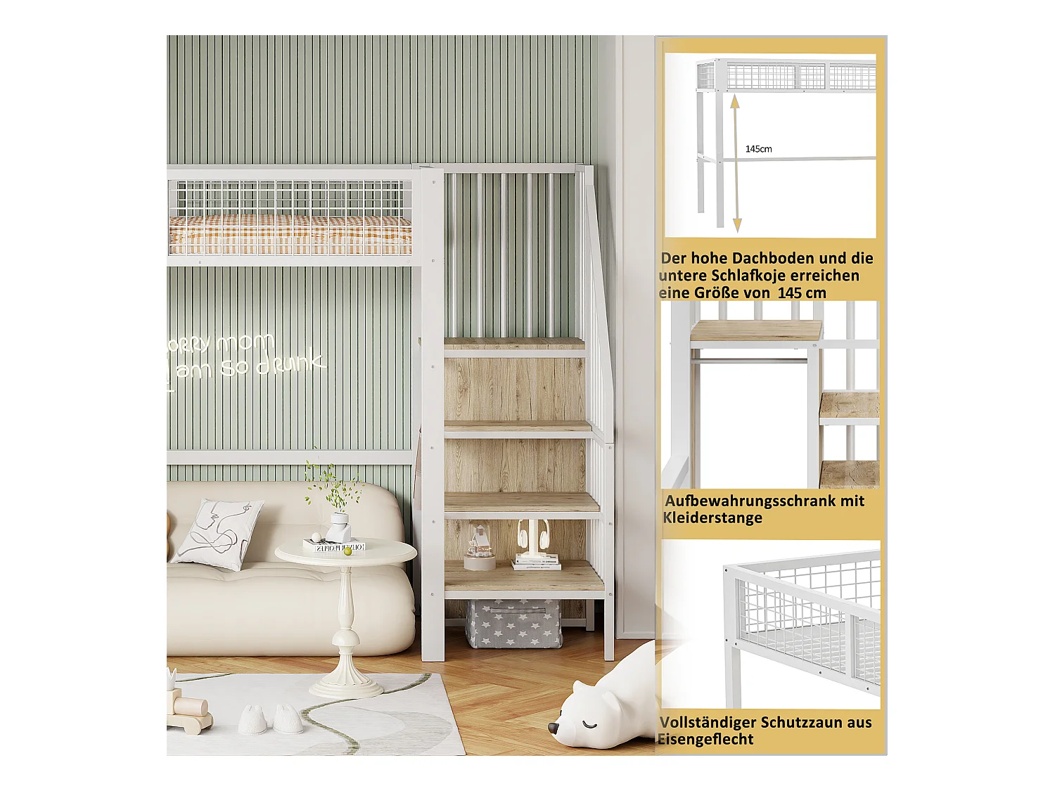 Lit mezzanine enfant - 90 x 200 cm - avec échelle + étagère de rangements + armoire - métal - blanc