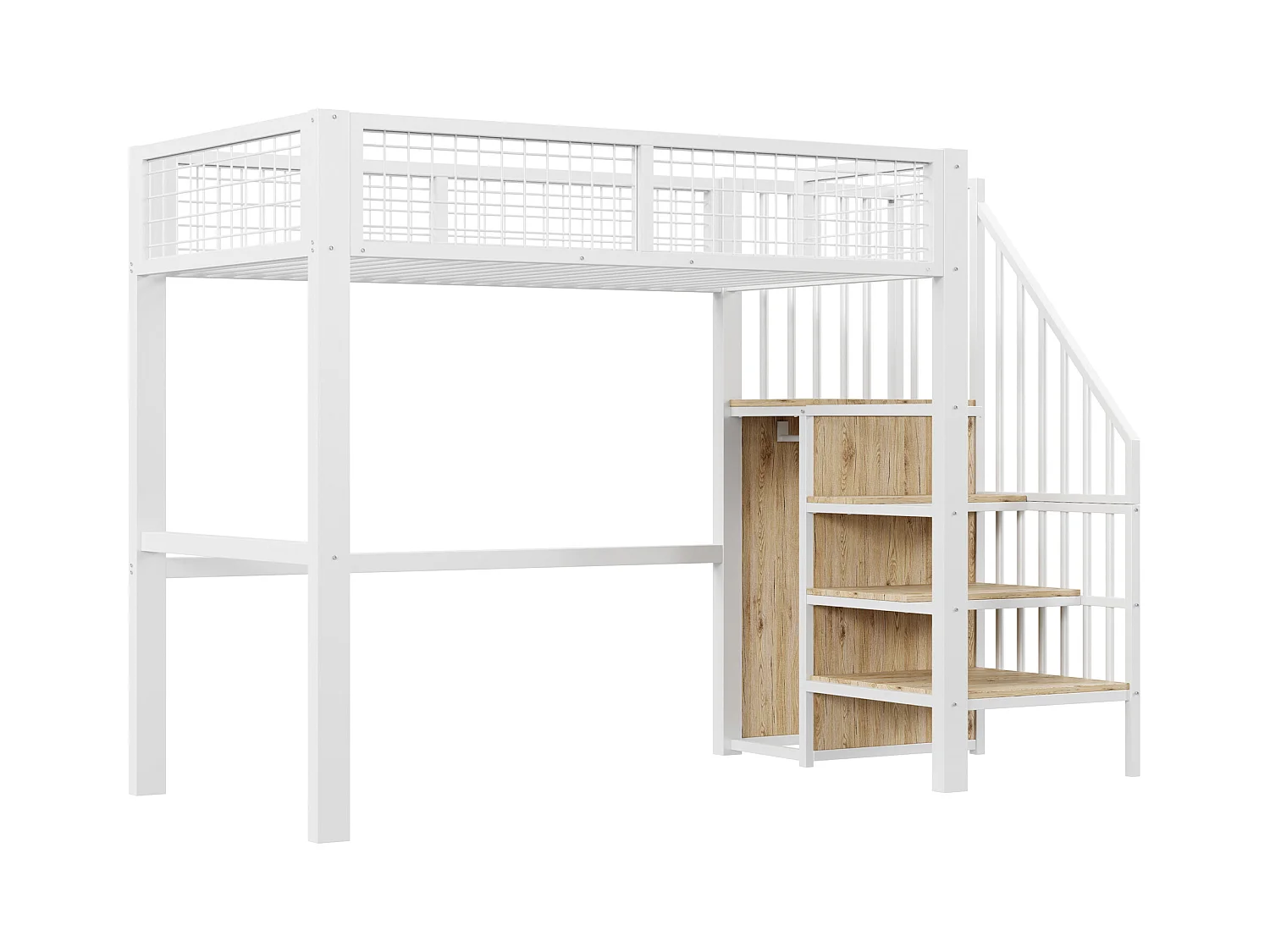 Lit mezzanine enfant - 90 x 200 cm - avec échelle + étagère de rangements + armoire - métal - blanc