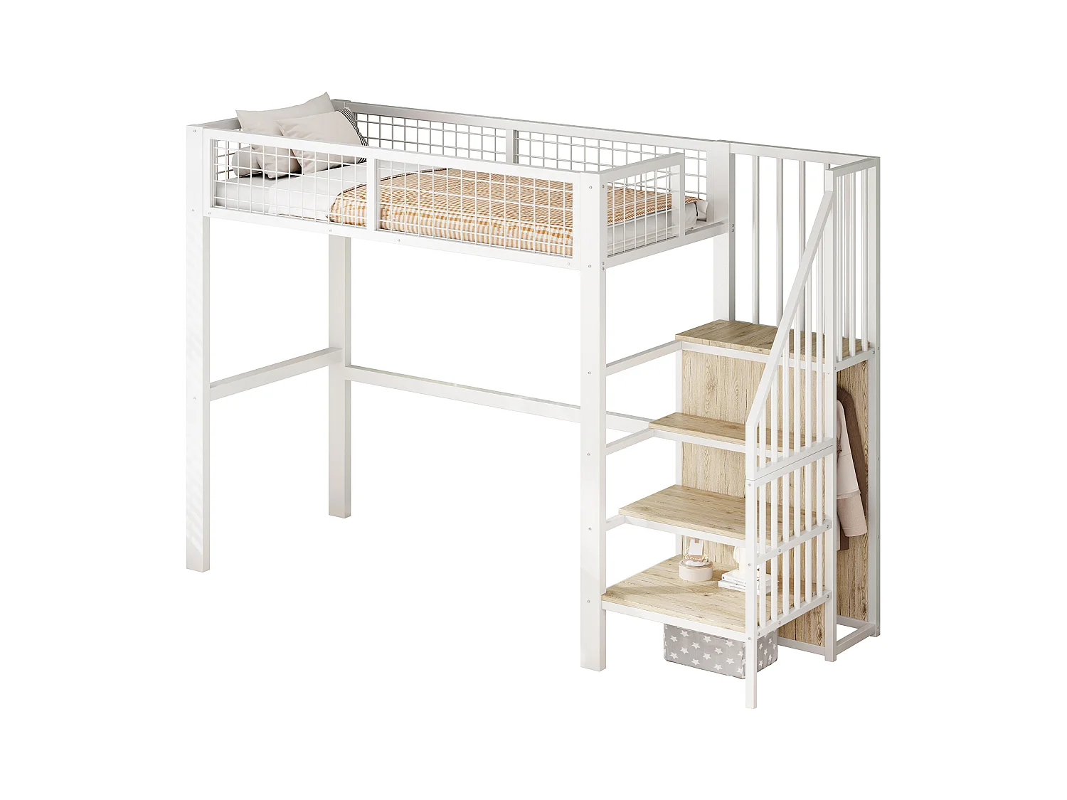 Lit mezzanine enfant - 90 x 200 cm - avec échelle + étagère de rangements + armoire - métal - blanc