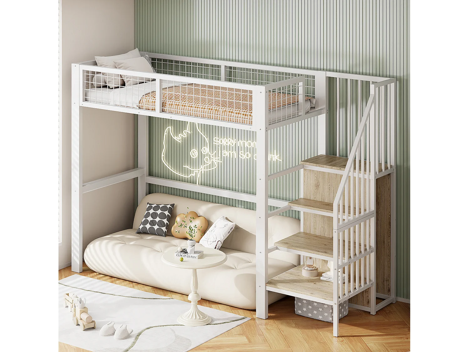 Lit mezzanine enfant - 90 x 200 cm - avec échelle + étagère de rangements + armoire - métal - blanc