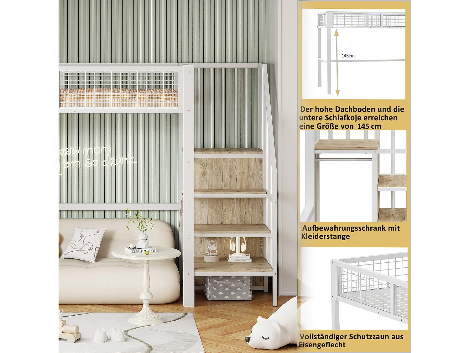 Lit mezzanine enfant - 90 x 200 cm - avec échelle + étagère de rangements + armoire - métal - blanc