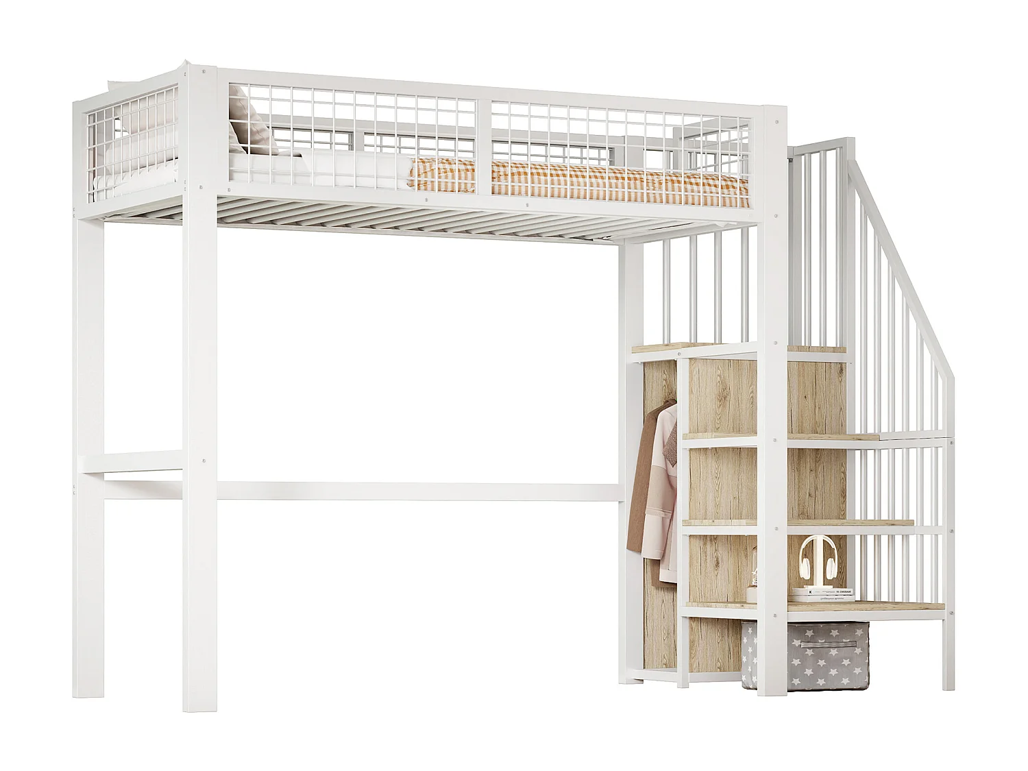 Lit mezzanine enfant - 90 x 200 cm - avec échelle + étagère de rangements + armoire - métal - blanc