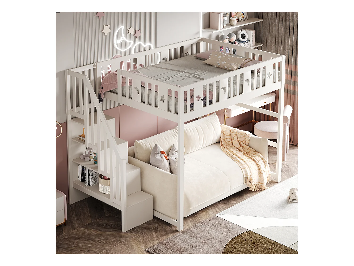 Lit mezzanine enfant - 140 x 200 - avec rangement dans l'escalier + barrière de sécurité - bois + MDF - blanc